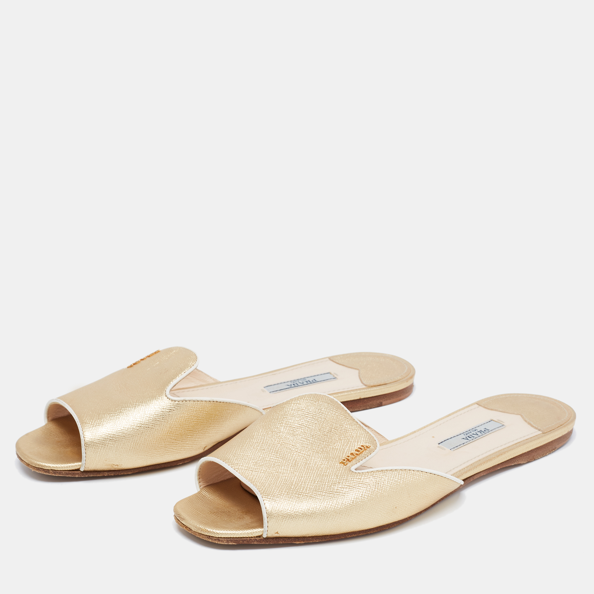 

Prada Gold Saffiano Leather Flat Slides Size