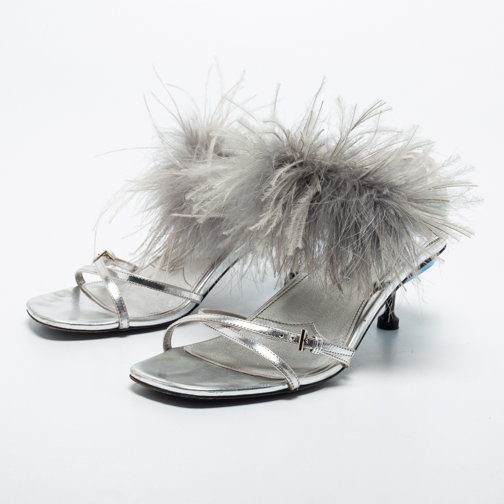 

Prada Silver/Blue Leather, Rubber and Feather Trim Slingback Sandals Size