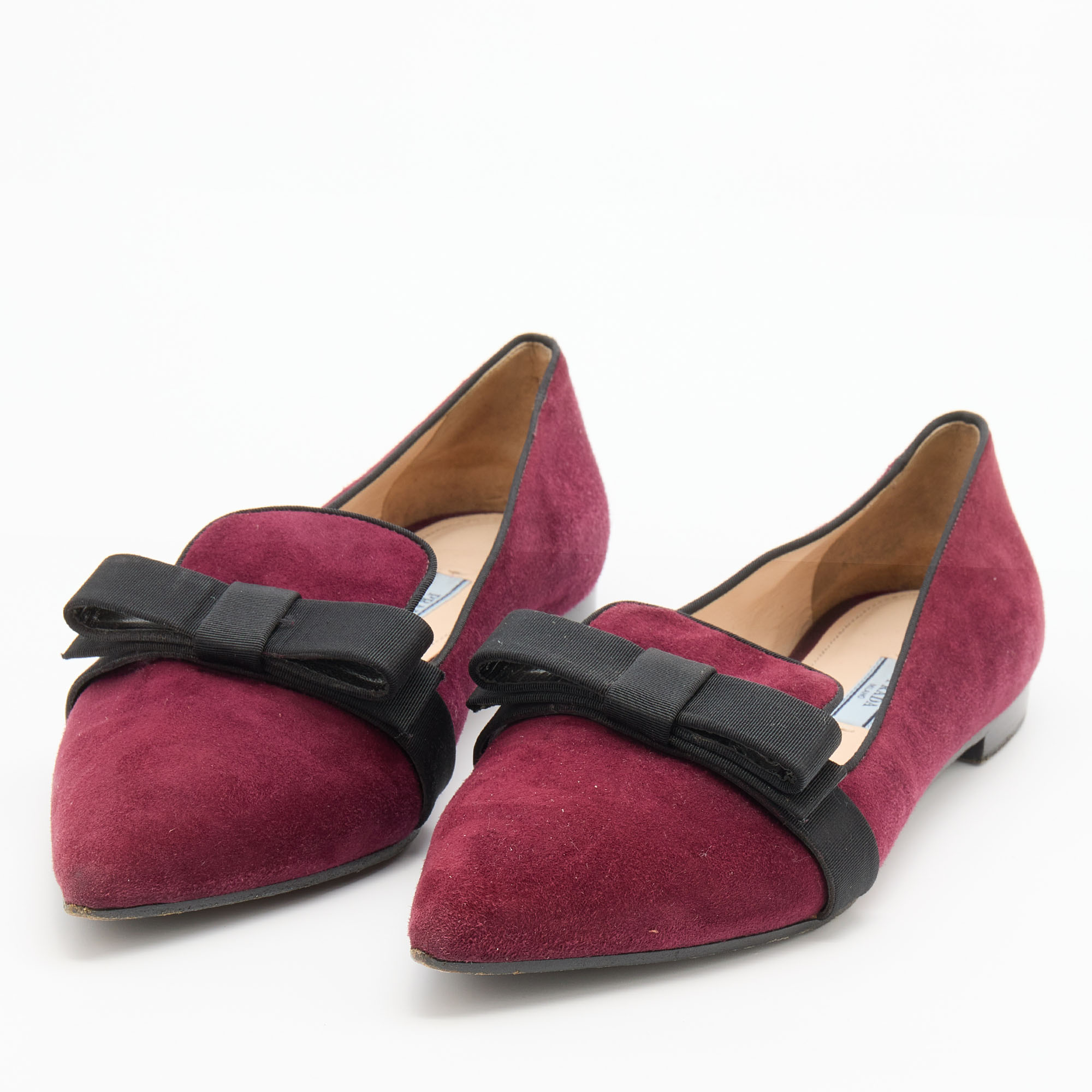 

Prada Burgundy/Black Suede and Fabric Bow Pointed Toe Smoking Slippers Size