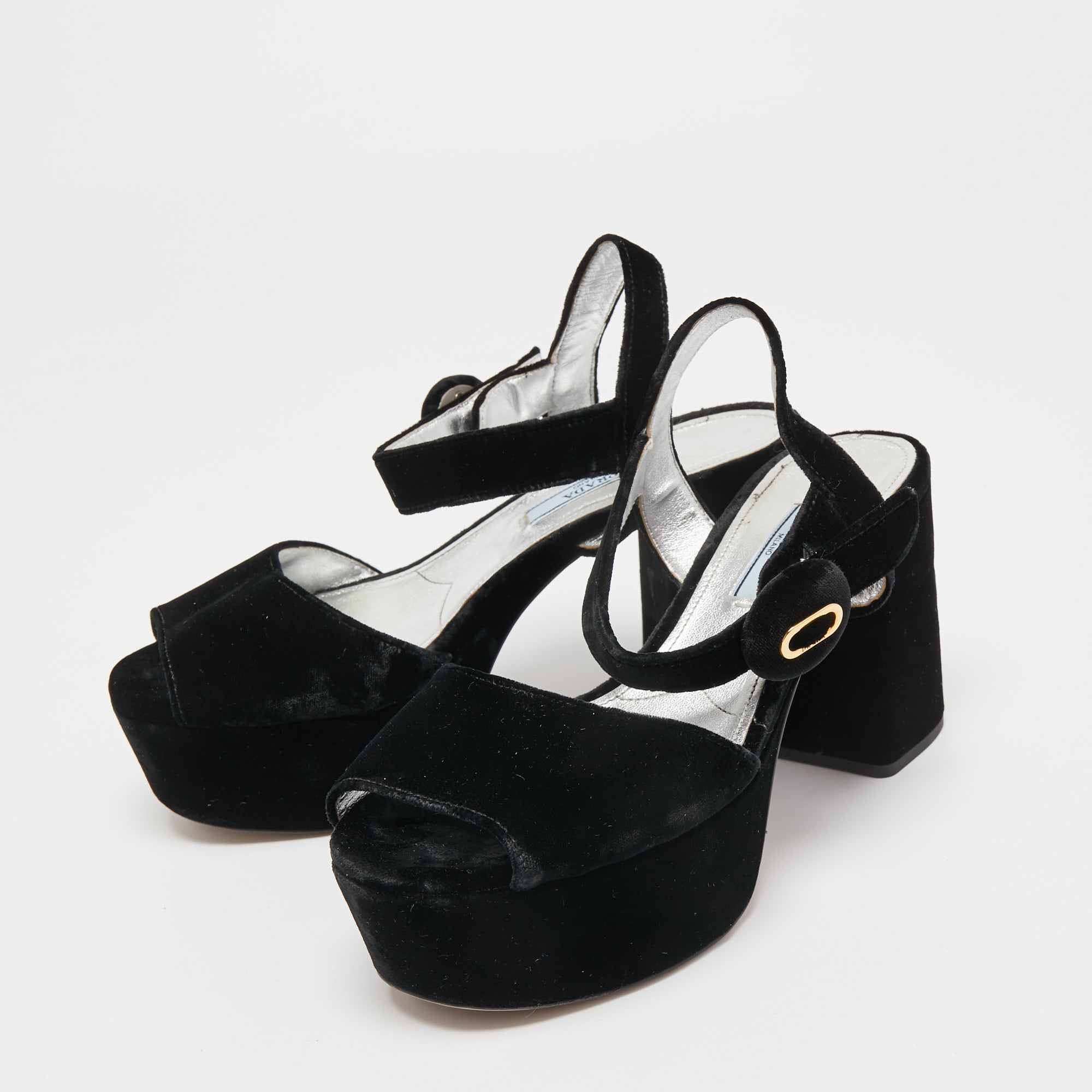 

Prada Black Velvet Block Heel Platform Ankle Strap Sandals Size