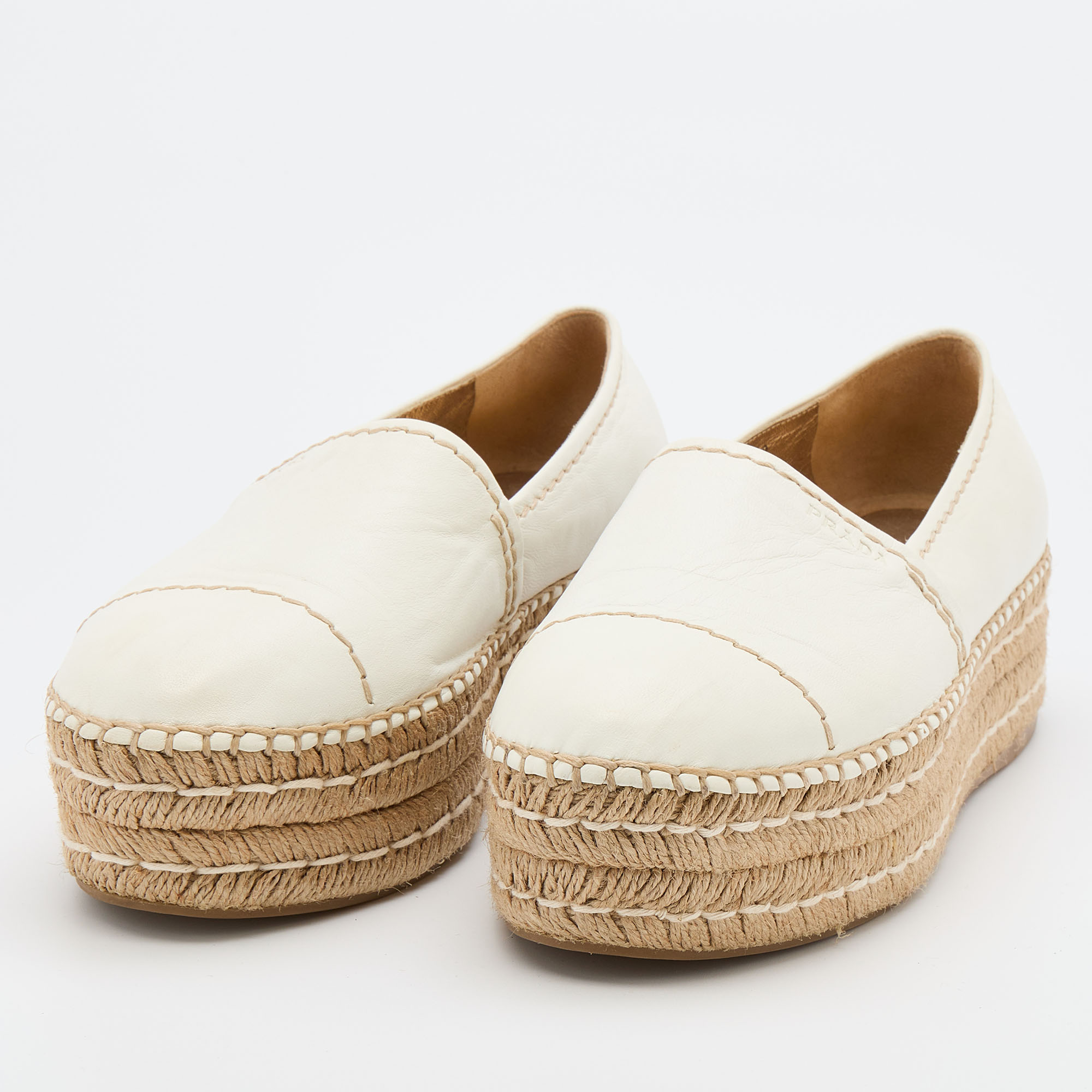 

Prada Off White Leather Platform Espadrille Flats Size