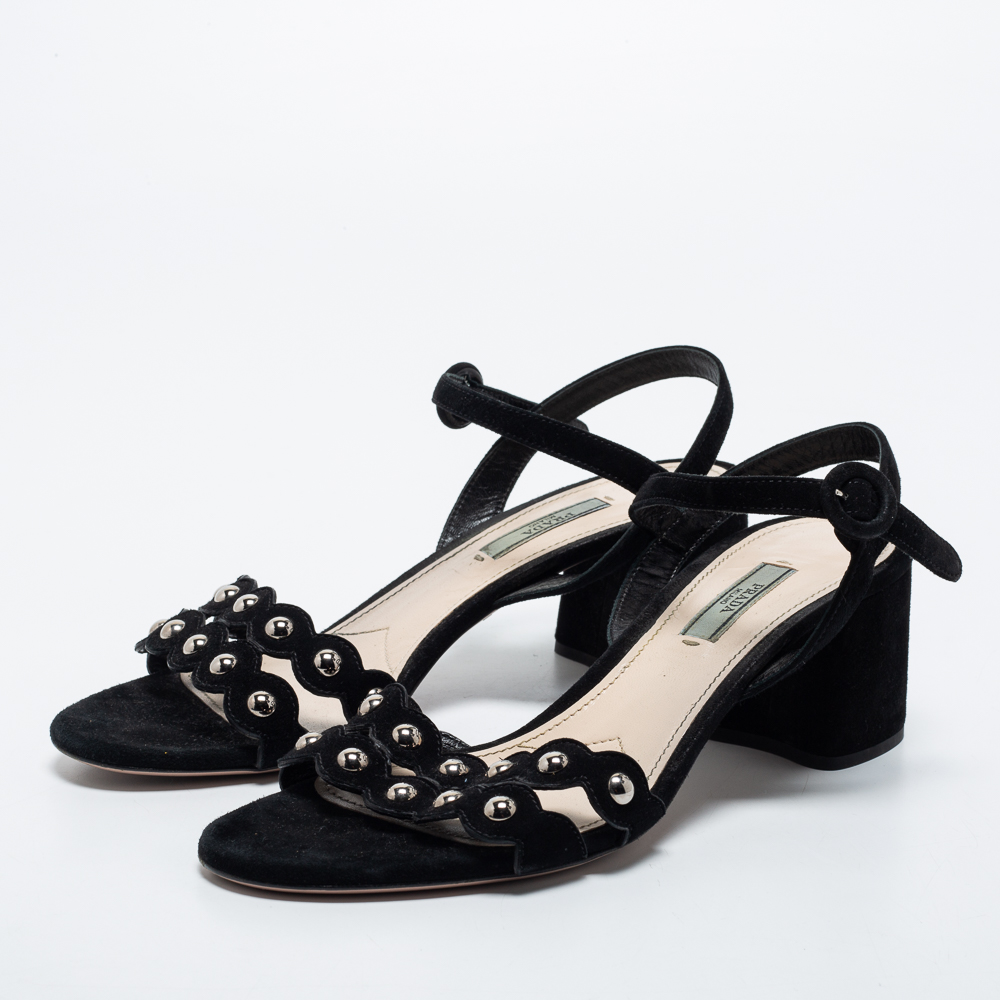 

Prada Black Studded Suede Block Heel Ankle Strap Sandals Size