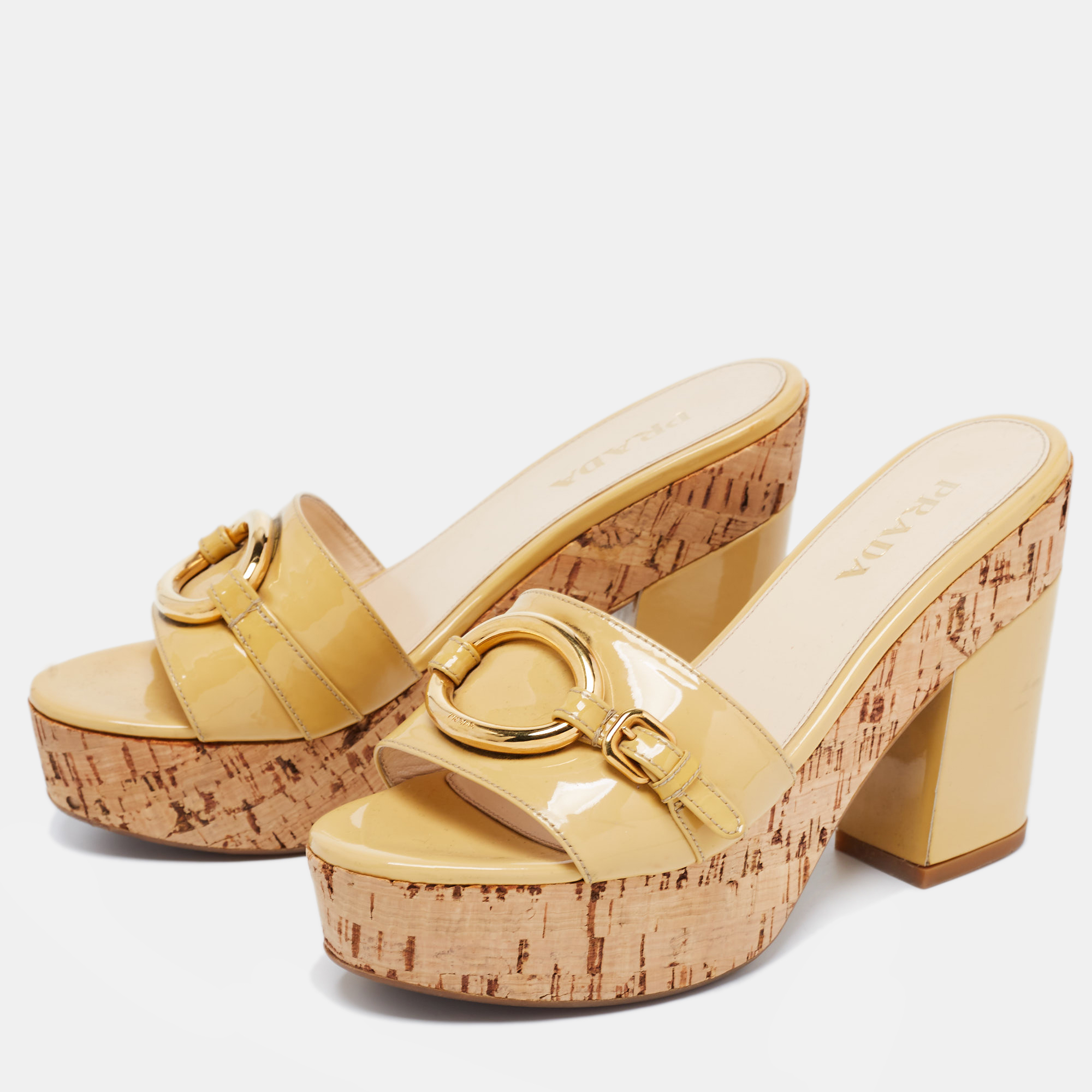 

Prada Beige Patent Leather Buckle Detail Cork Platform Slides Size