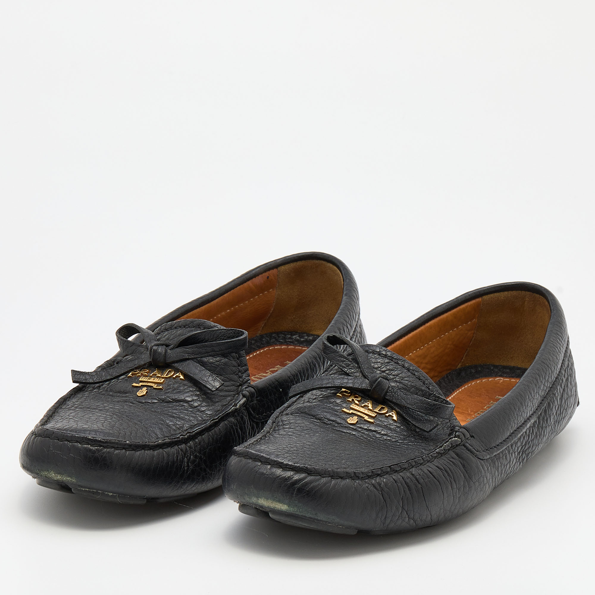 

Prada Black Leather Logo Embellished Bow Slip On Loafers Size