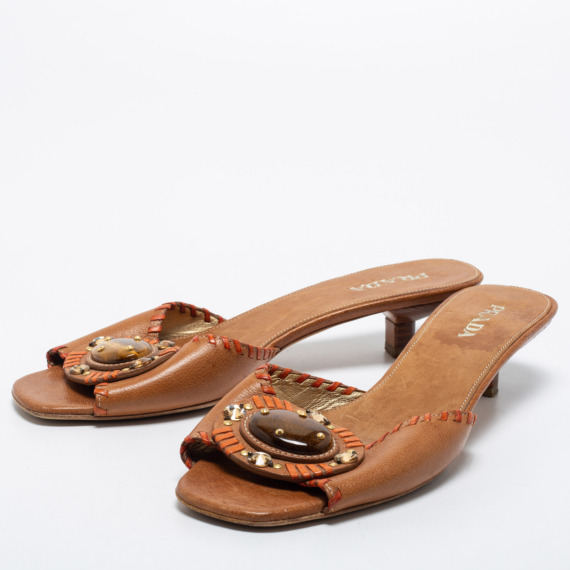 

Prada Brown Leather Embellished Slide Sandals Size