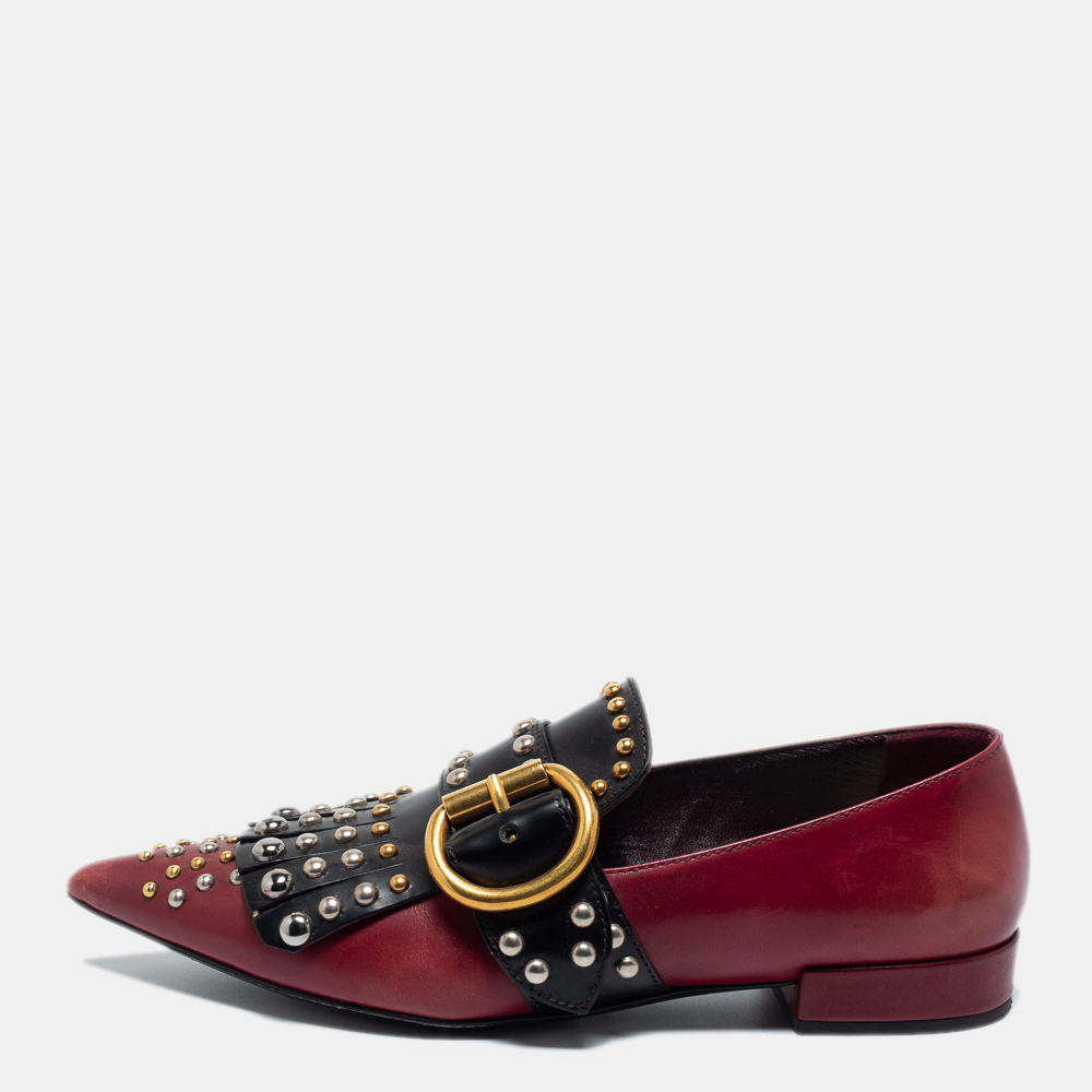 Pre-owned Prada Burgundy/black Studded Leather Pointed Toe Ballet Flats Size 35