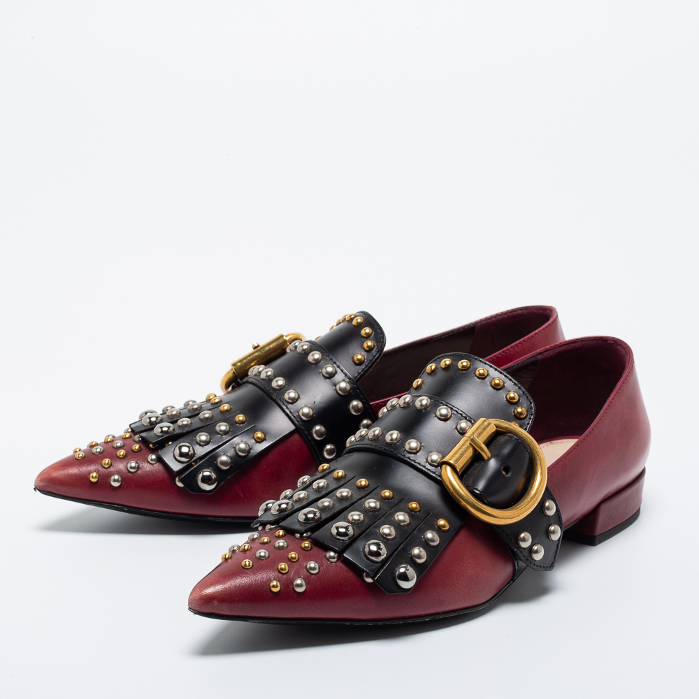 

Prada Burgundy/Black Studded Leather Pointed Toe Ballet Flats Size