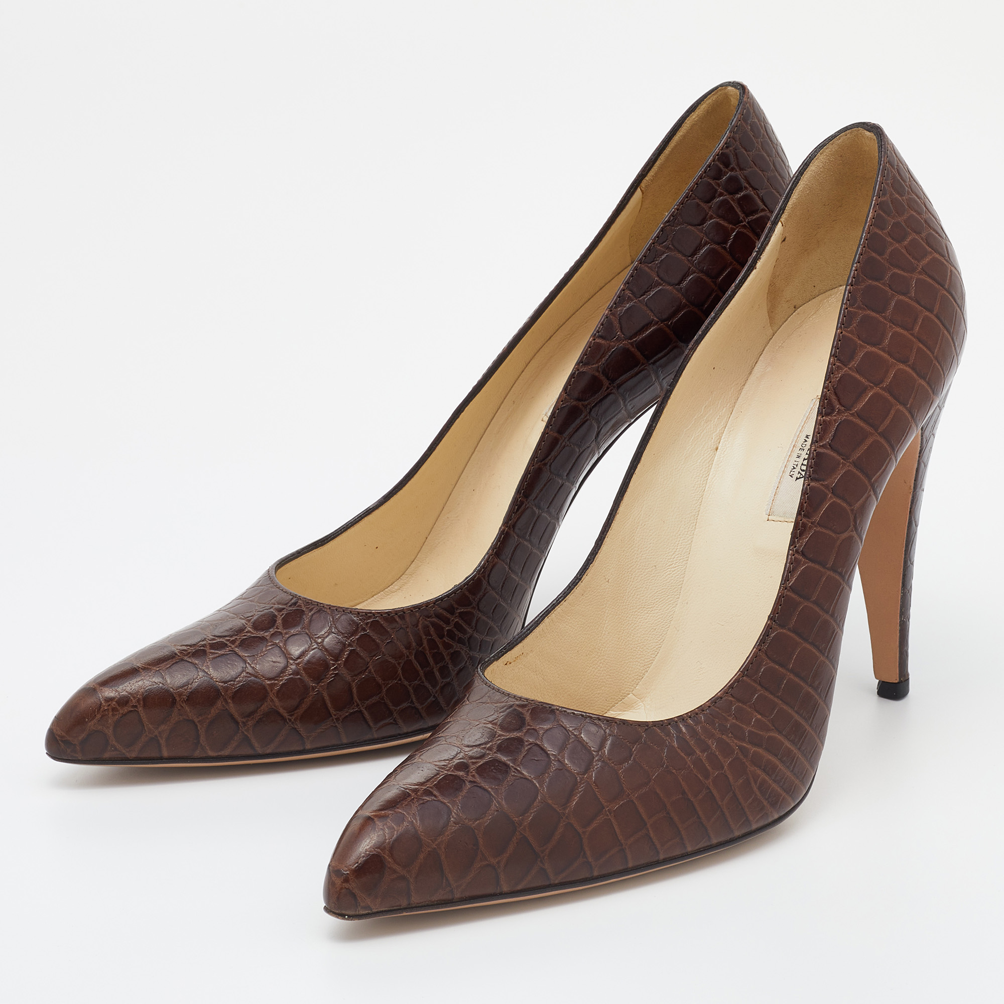 

Prada Brown Croc Embossed Leather Pointed Toe Pumps Size