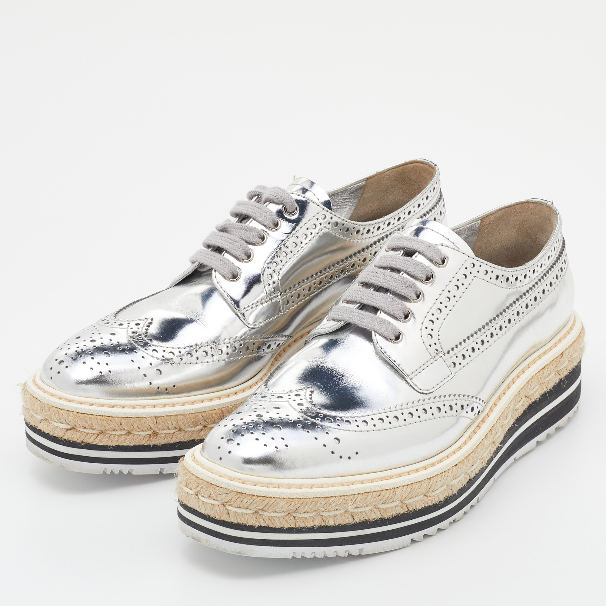 

Prada Silver Brogue Leather Derby Espadrille Sneakers Size