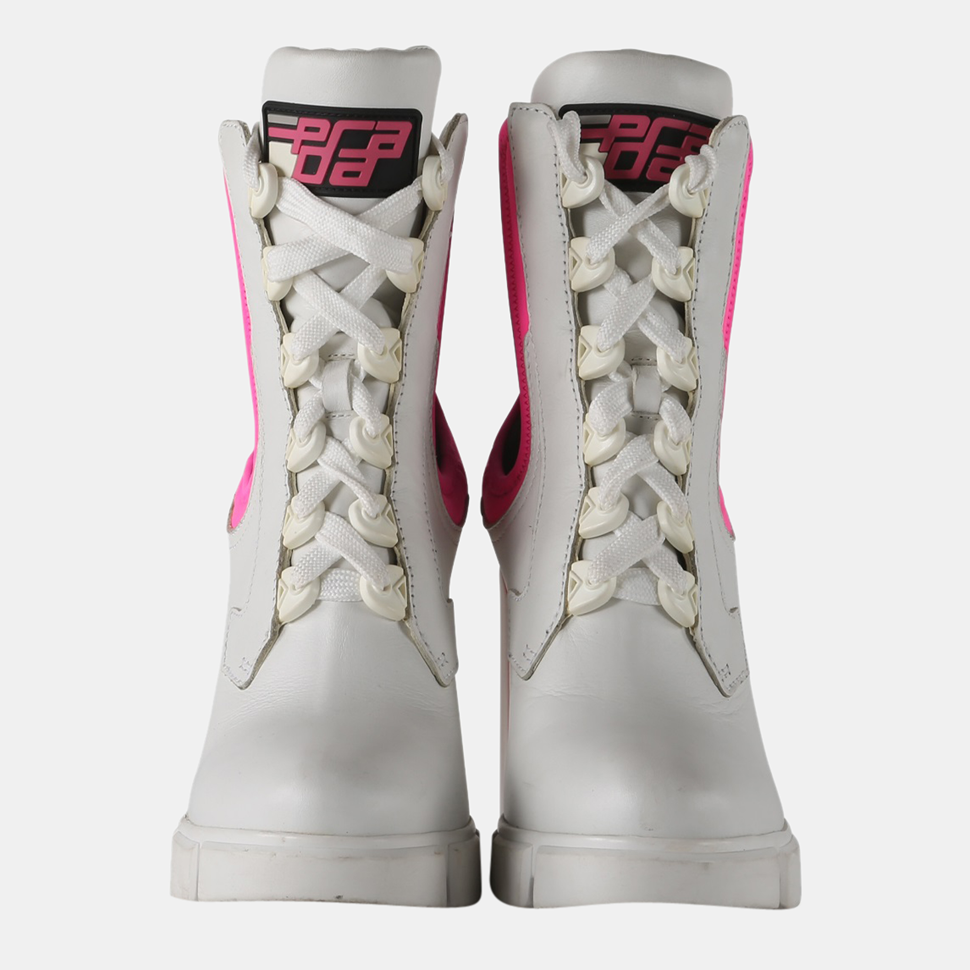 

Prada Chunky White and Neon Pink Lace-up Ankle Boots