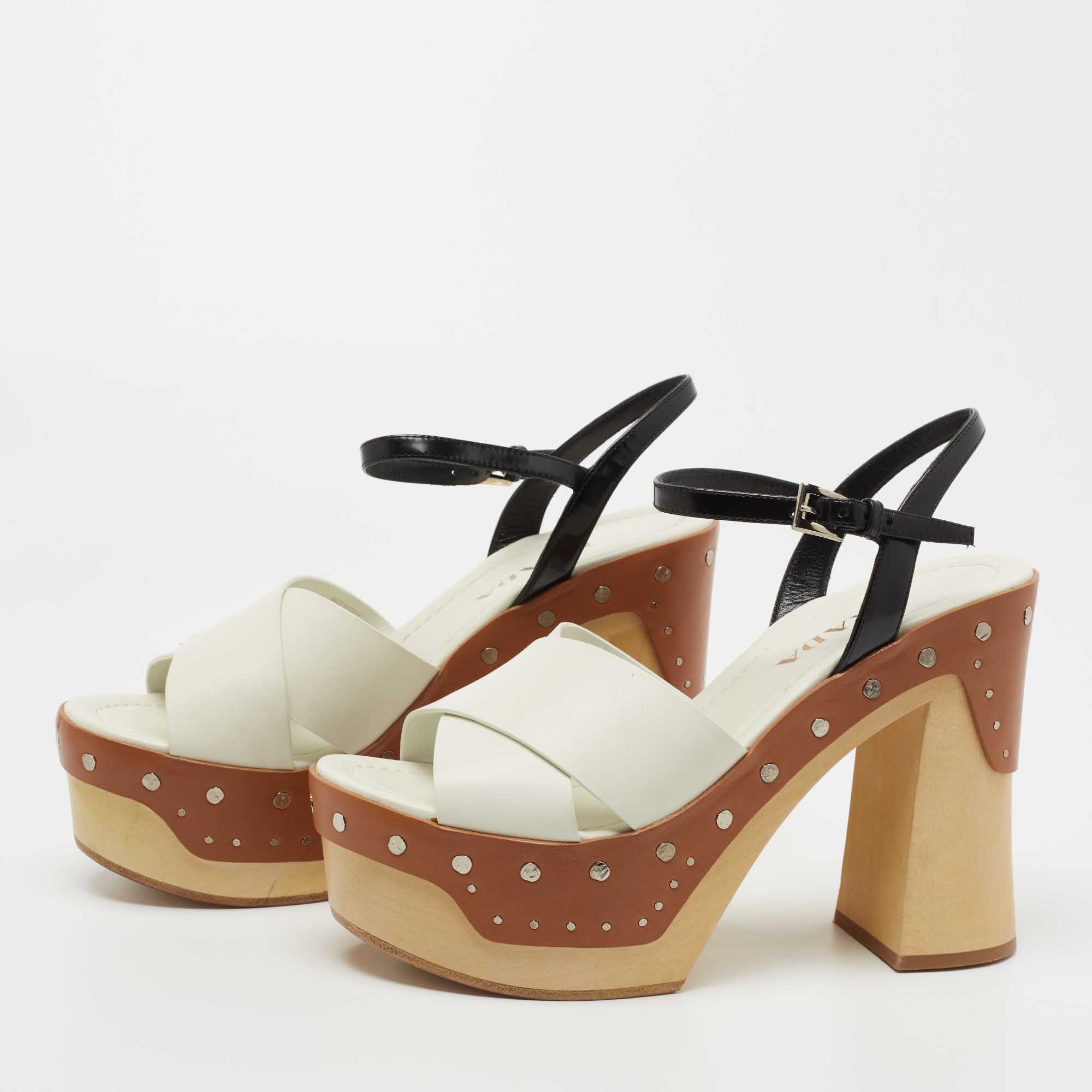 

Prada White/Black Leather Ankle Strap Sandals Size