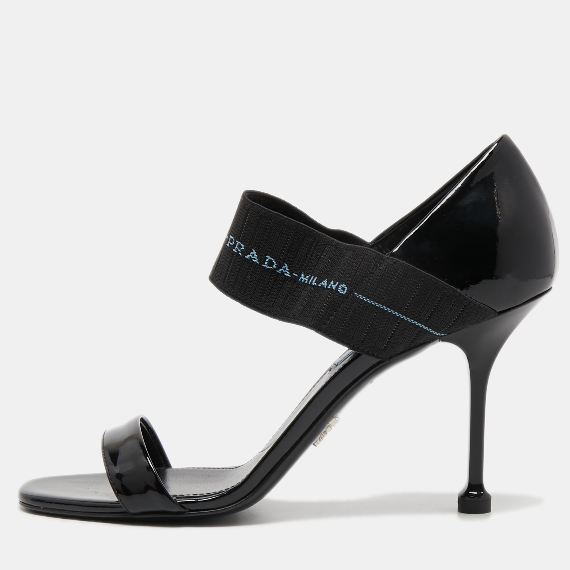 Pre-owned Prada Black Patent Leather And Logo Elastic Ankle Strap Sandals Size 39