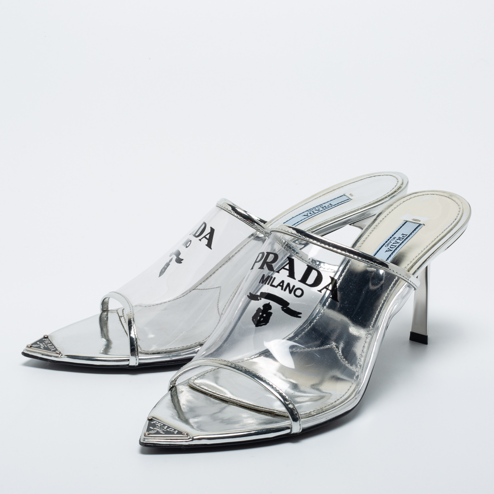 

Prada Silver PVC and Patent Leather Logo Sandals Size, Metallic