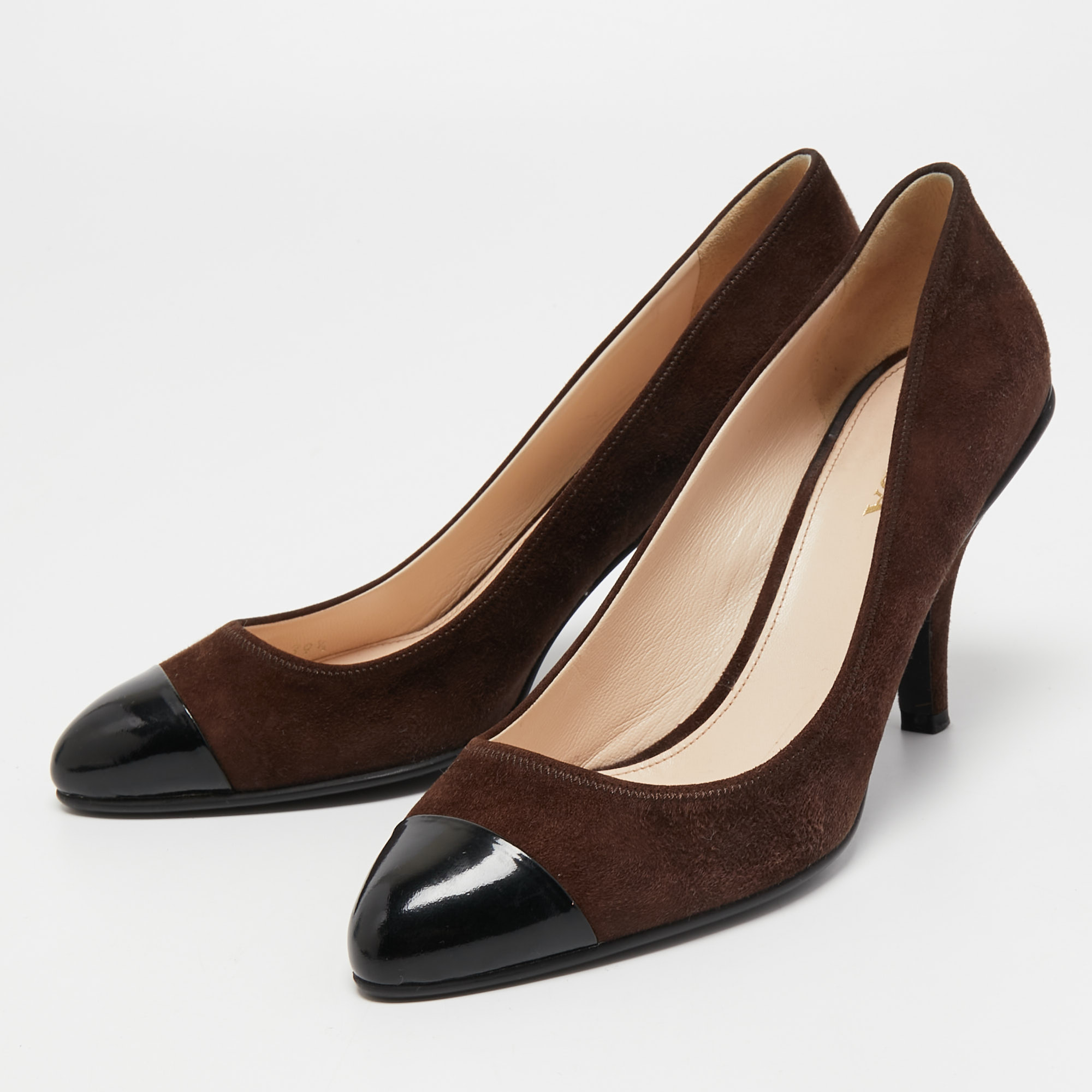 

Prada Brown/Black Suede and Patent Leather Cap Toe Pumps Size
