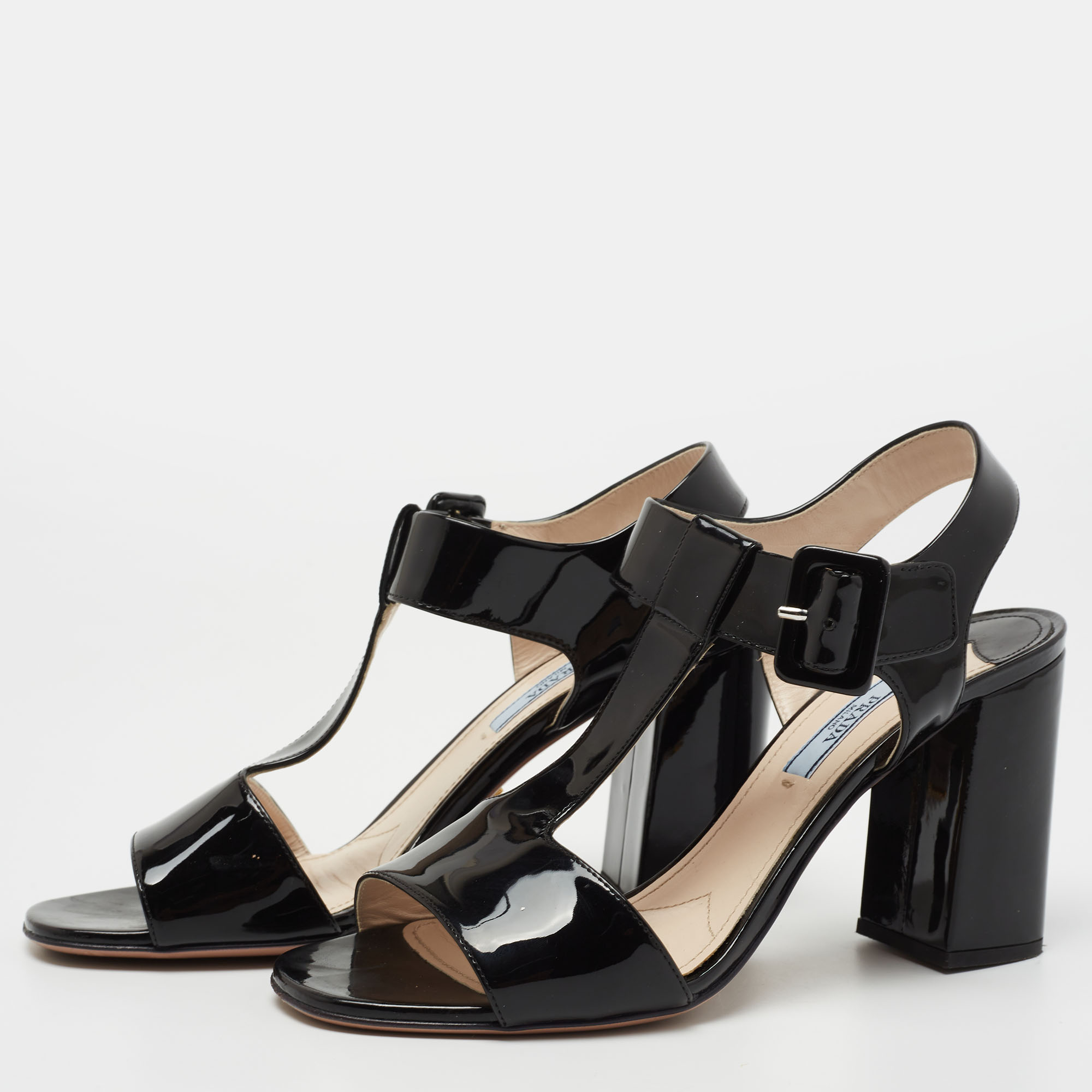 

Prada Black Patent Leather T-Strap Block Heel Sandals Size