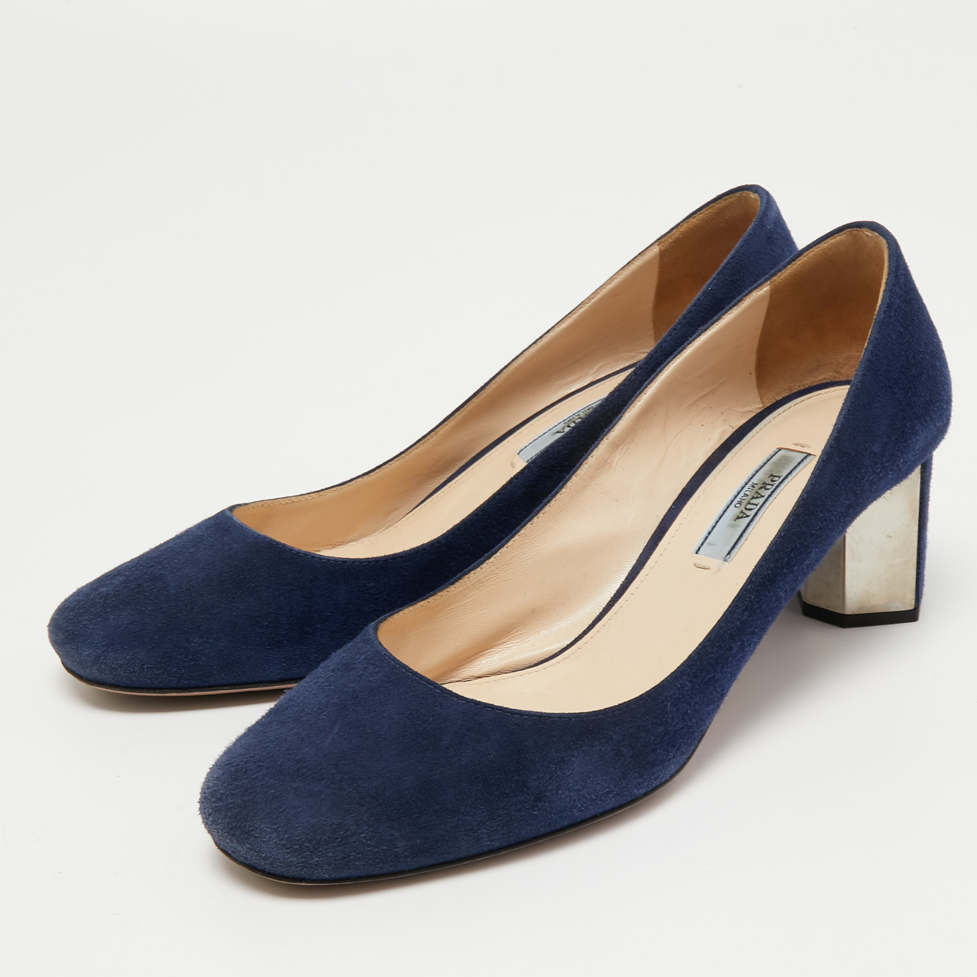 

Prada Navy Blue Suede Hexagon Heel Pumps Size