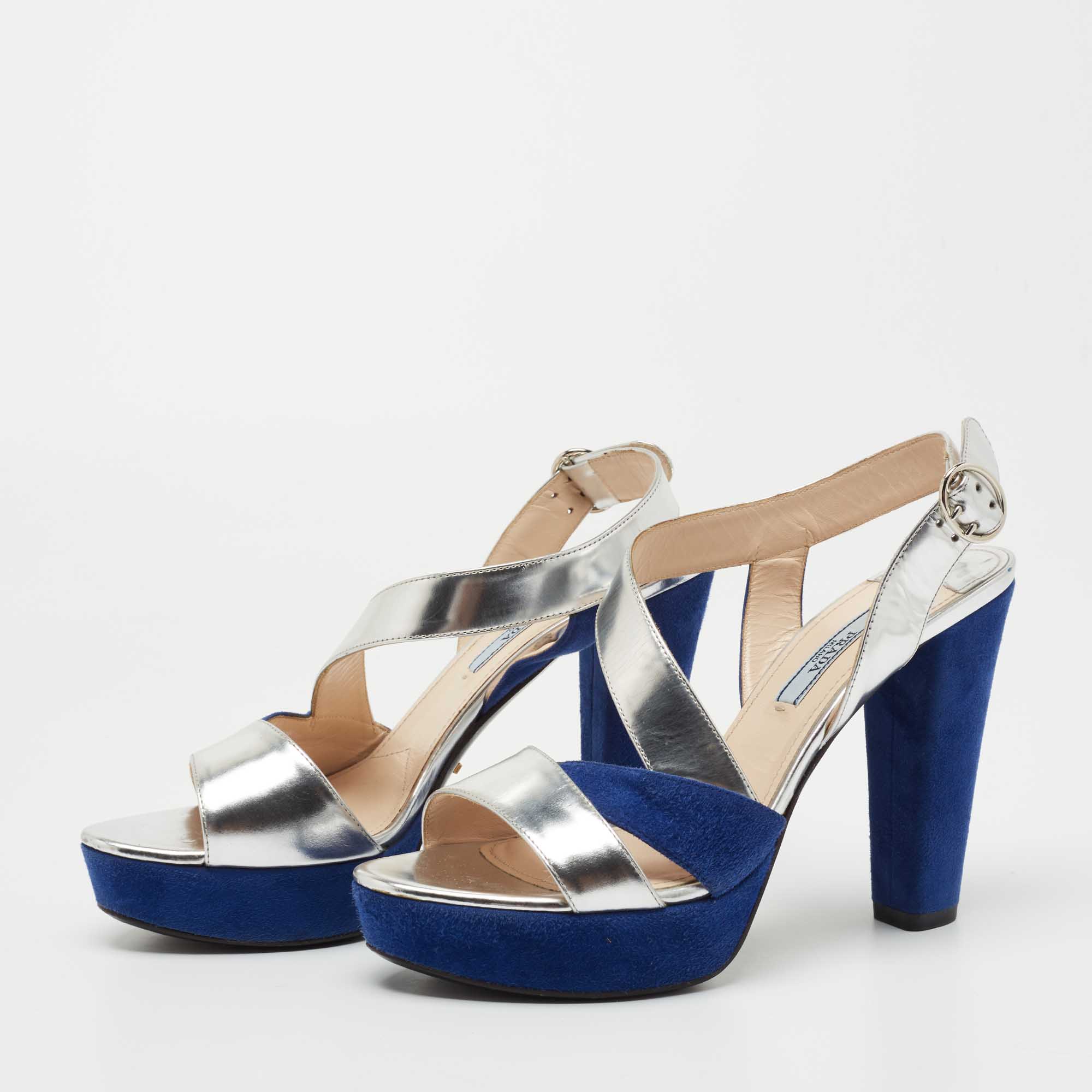 

Prada Silver/Blue Leather and Suede Strappy Platform Sandals Size