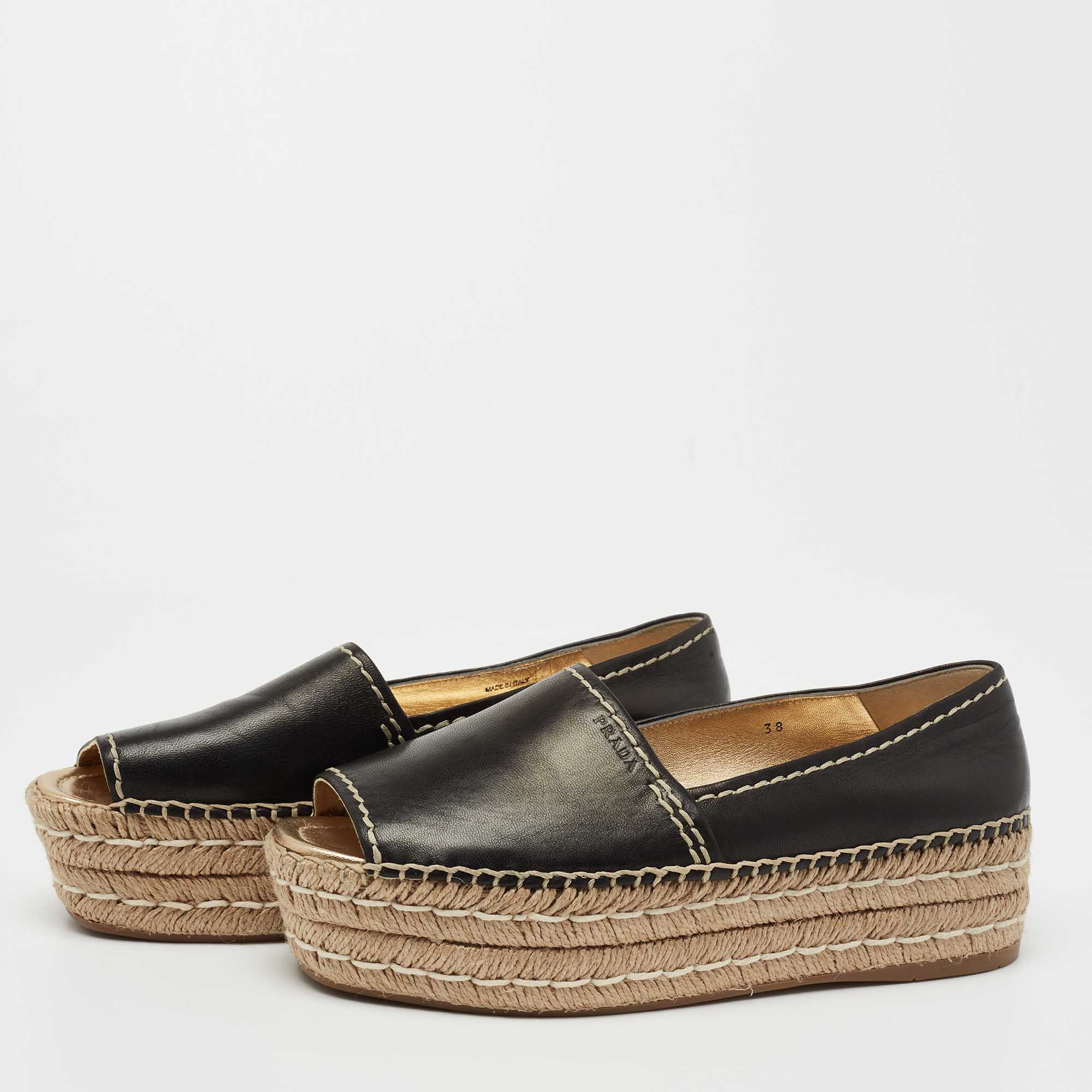 

Prada Black Leather Peep Toe Platform Espadrille Flats Size