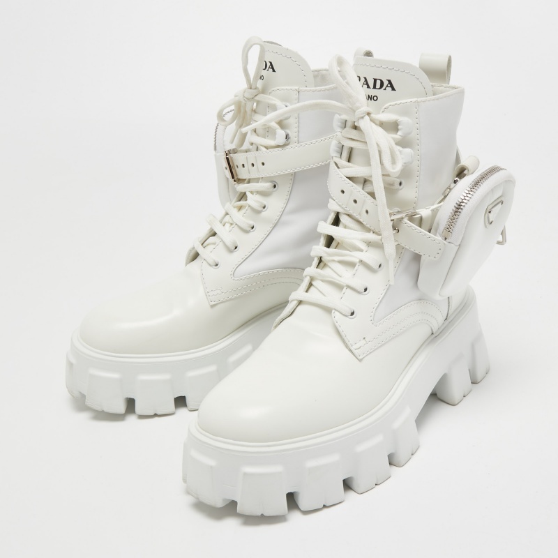 

Prada White Leather and Nylon Monolith Combat Boots Size