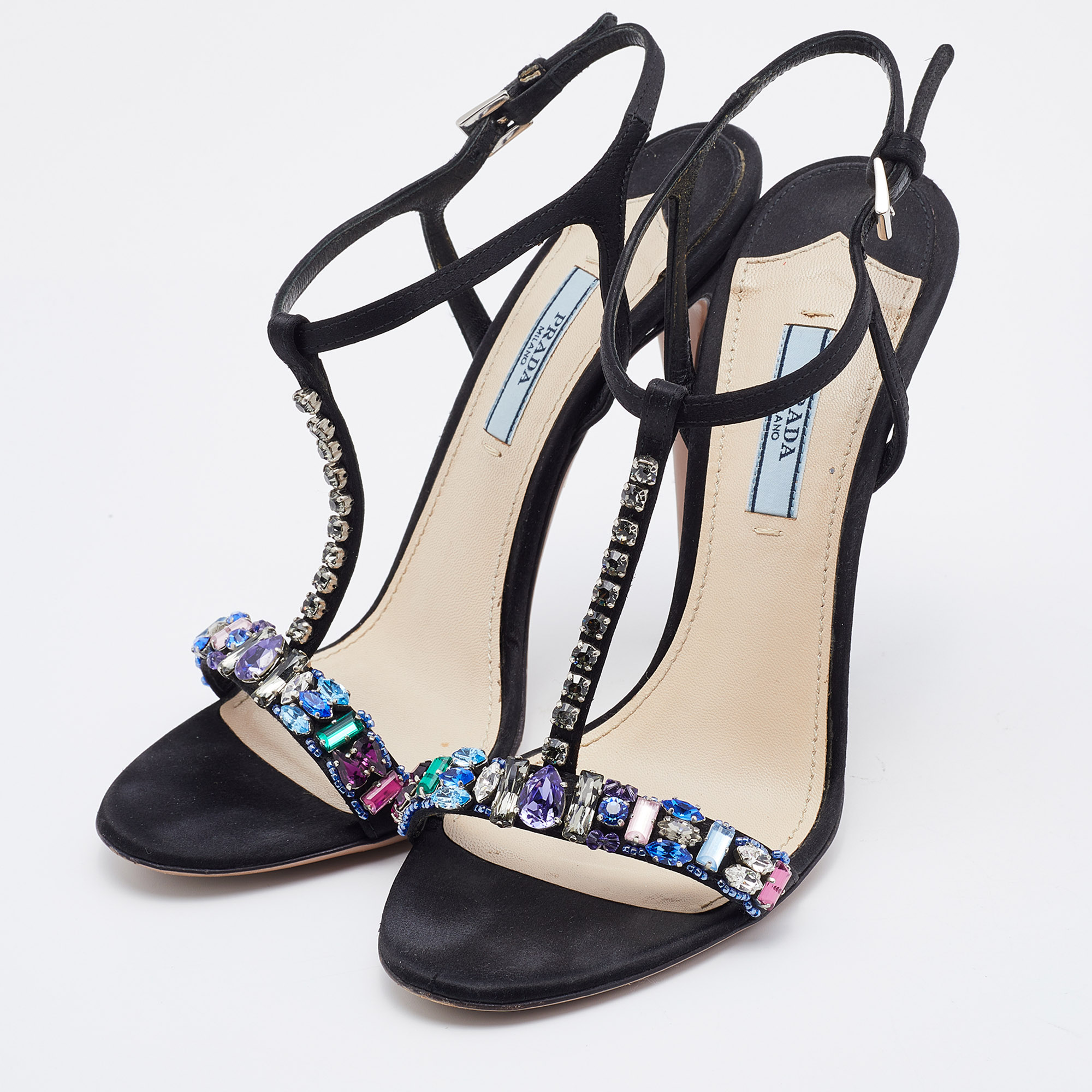 

Prada Black Satin Crystal Embellished Ankle Strap Sandals Size