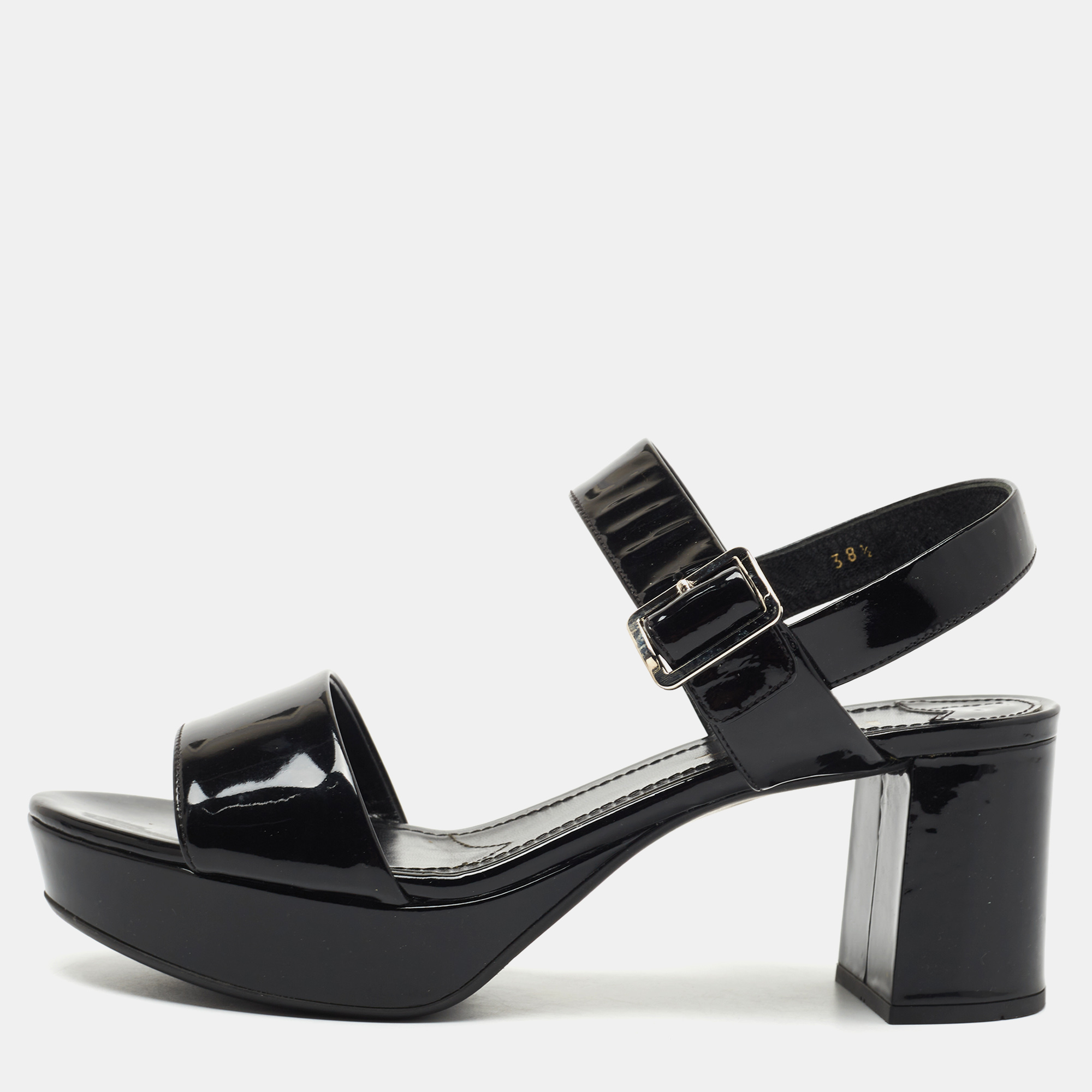 Prada Black Patent Ankle Strap Platform Sandals Size 38.5