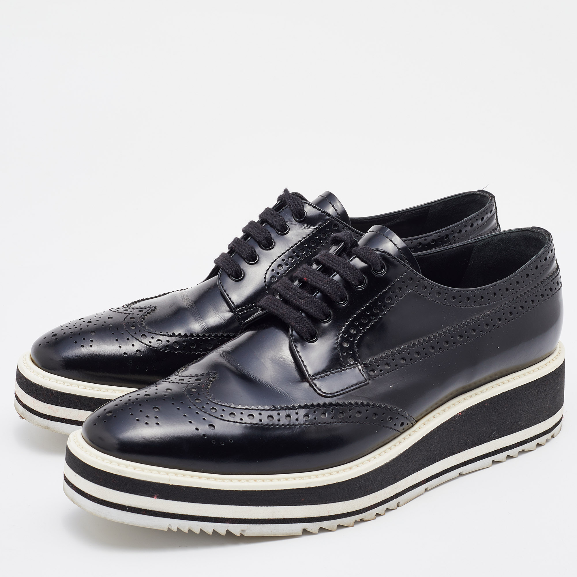 

Prada Black Brogue Leather Platform Derby Sneakers Size