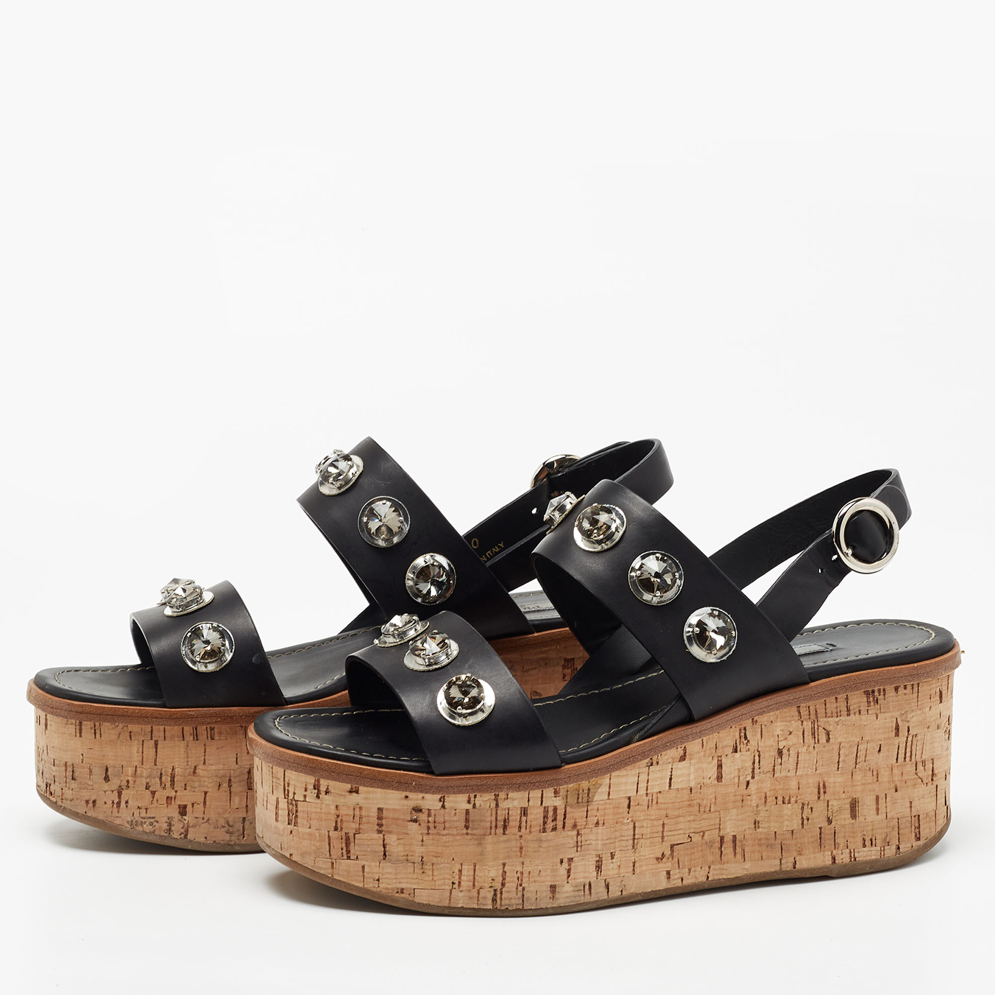 

Prada Black Leather Rhinestone Embellished Ankle Strap Cork Wedge Sandals Size