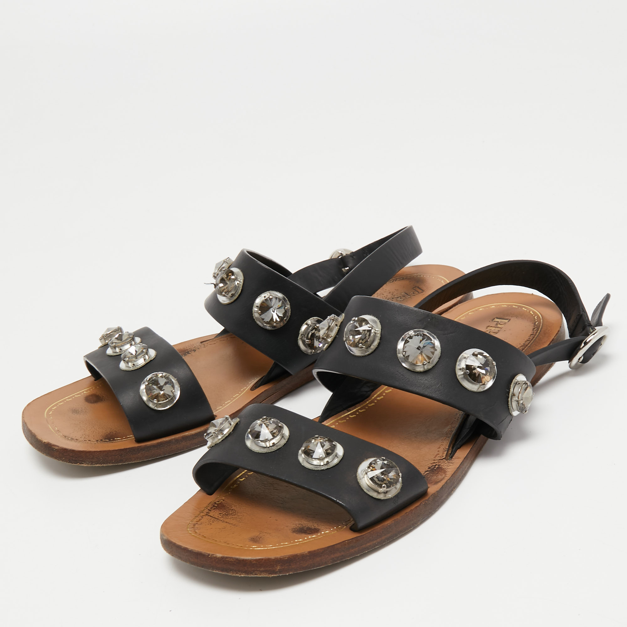 

Prada Black Leather Crystal Embellished Flat Slingback Sandals Size