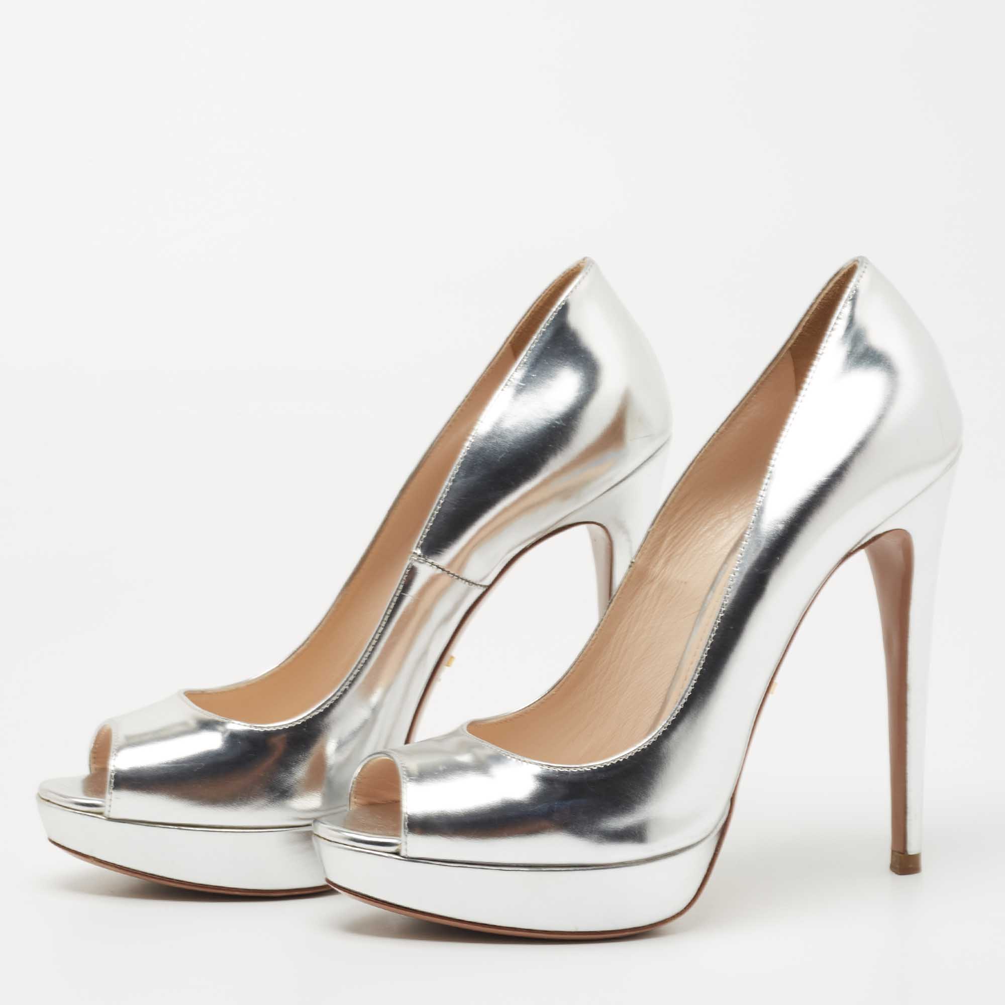 

Prada Silver Leather Peep Toe Platform Pumps Size