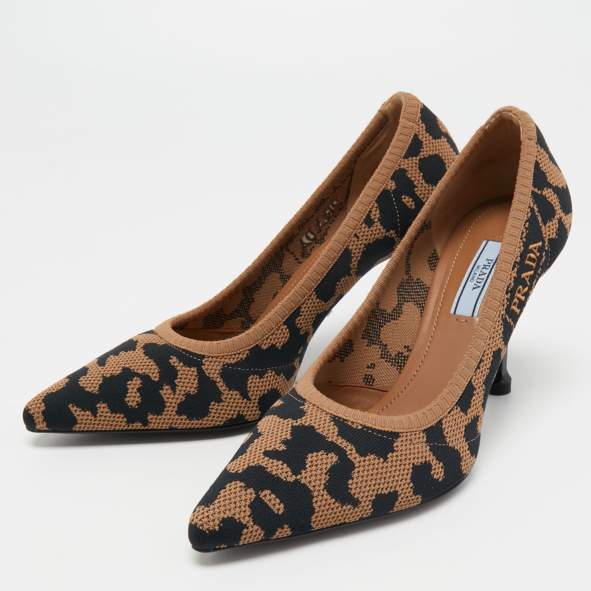 

Prada Brown/Black Printed Knit Fabric Pointed Toe Pumps Size