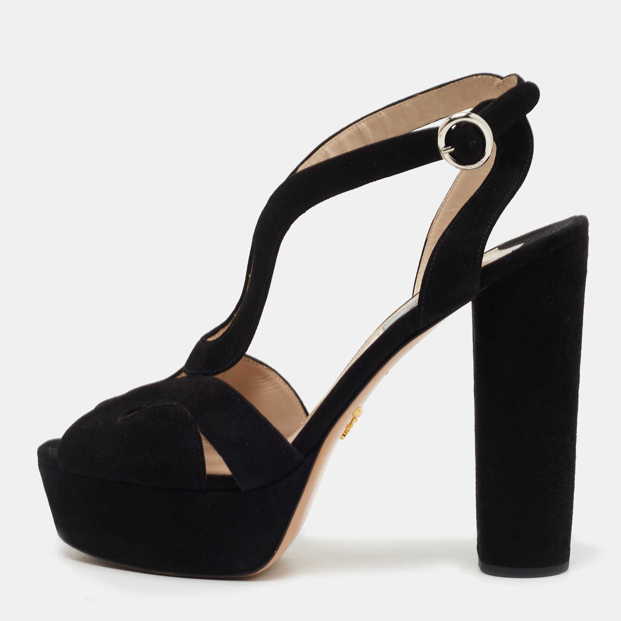 Prada Black Suede Block Heel Ankle Strap Sandals Size 41 