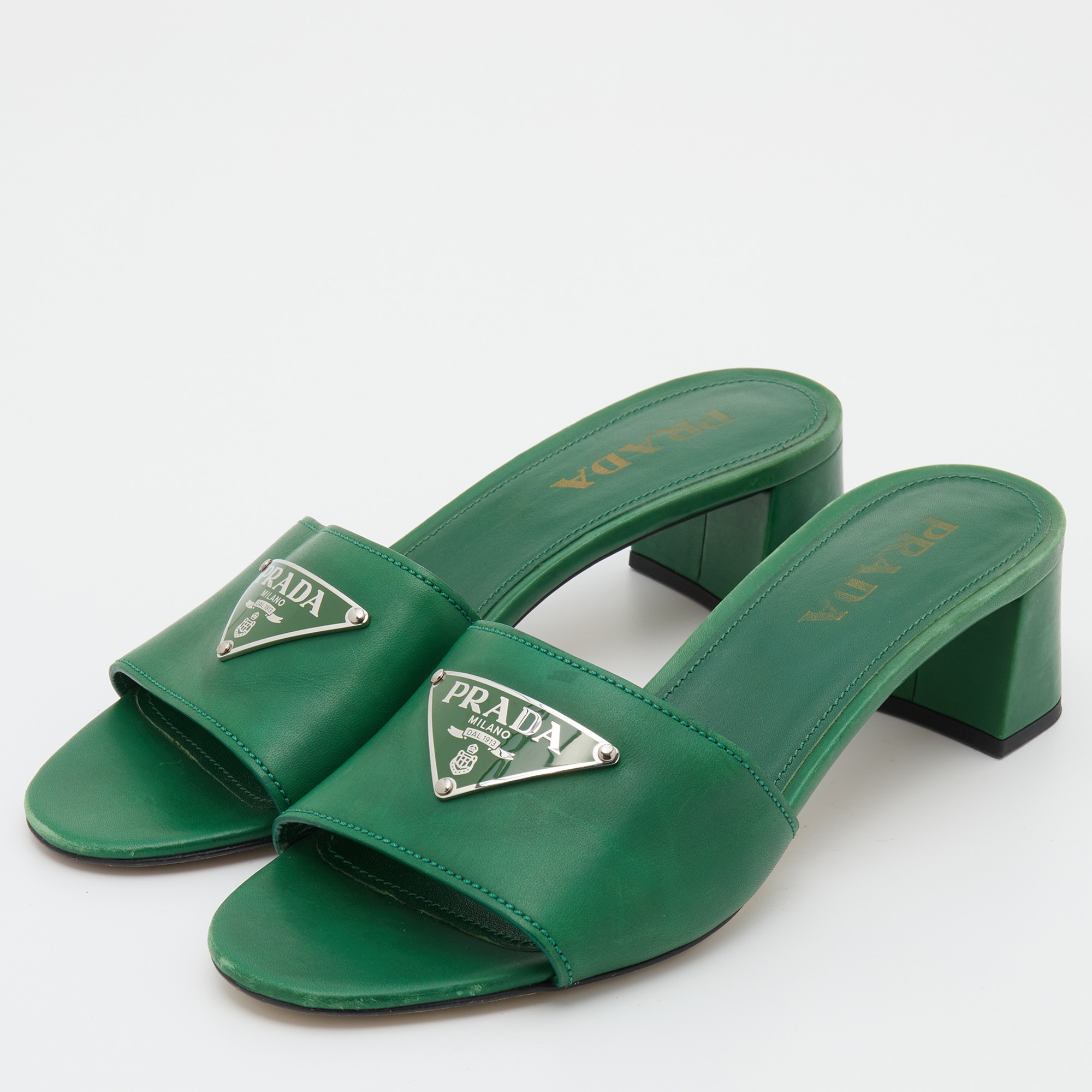 

Prada Green Leather Triangle Logo Open Toe Slide Sandals Size