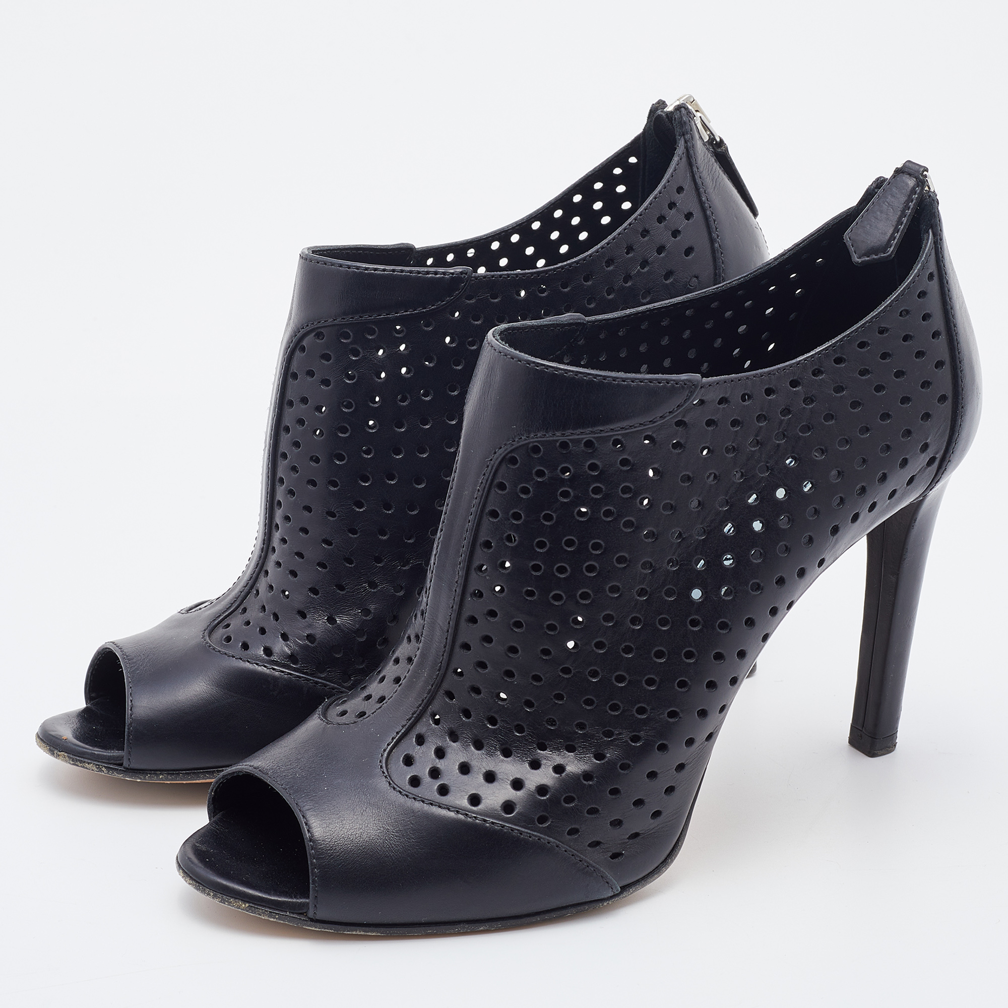 

Prada Black Perforated Leather Open Toe Booties Size