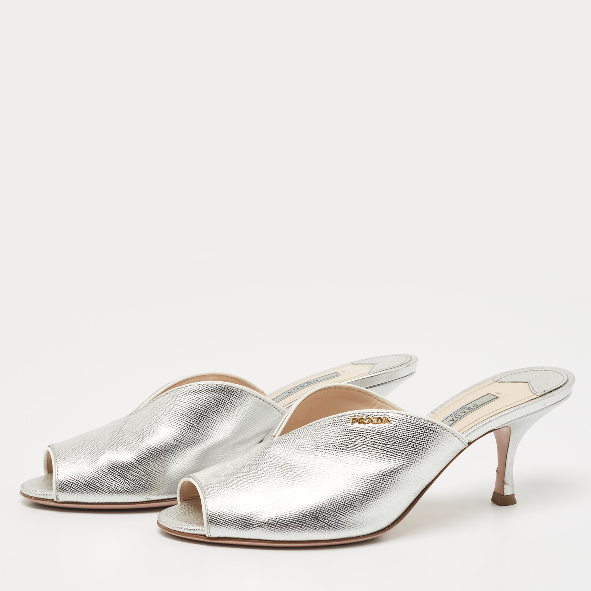

Prada Silver Saffiano Leather Peep Toe Mules Size