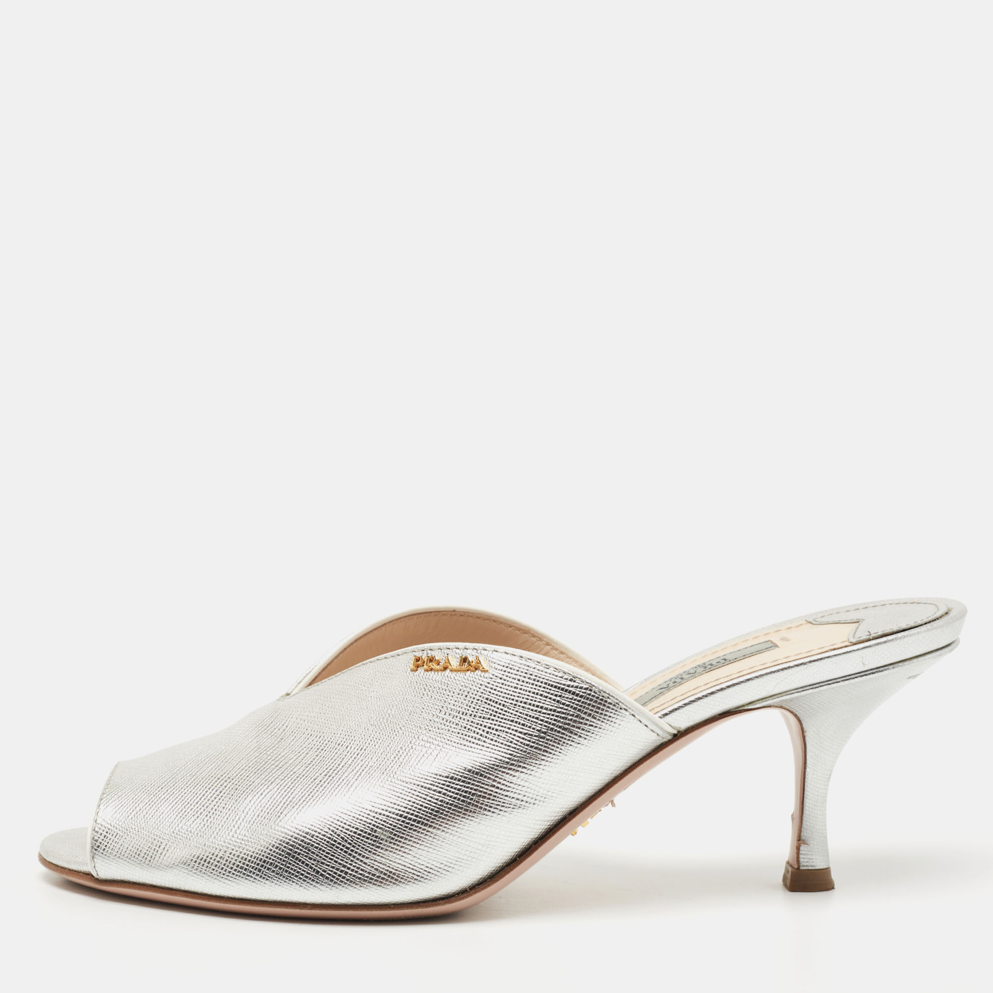 Pre-owned Prada Silver Saffiano Leather Peep Toe Mules Size 38.5