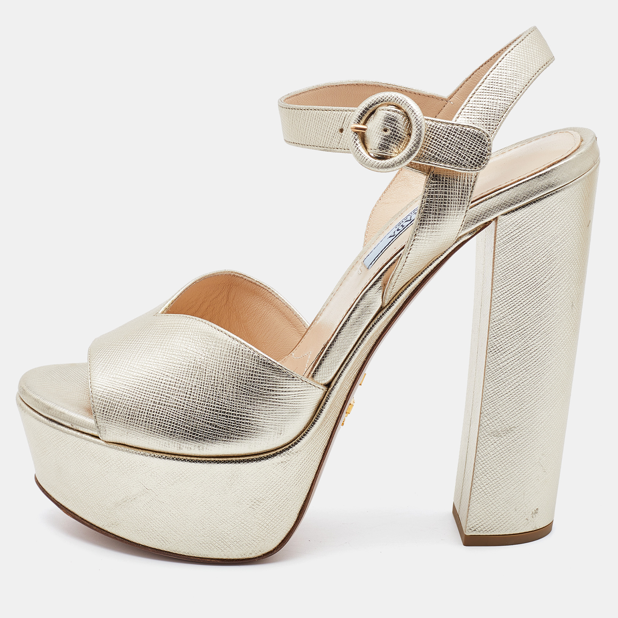 Prada Gold Leather Platform Block Heel Ankle Strap Sandals Size 38