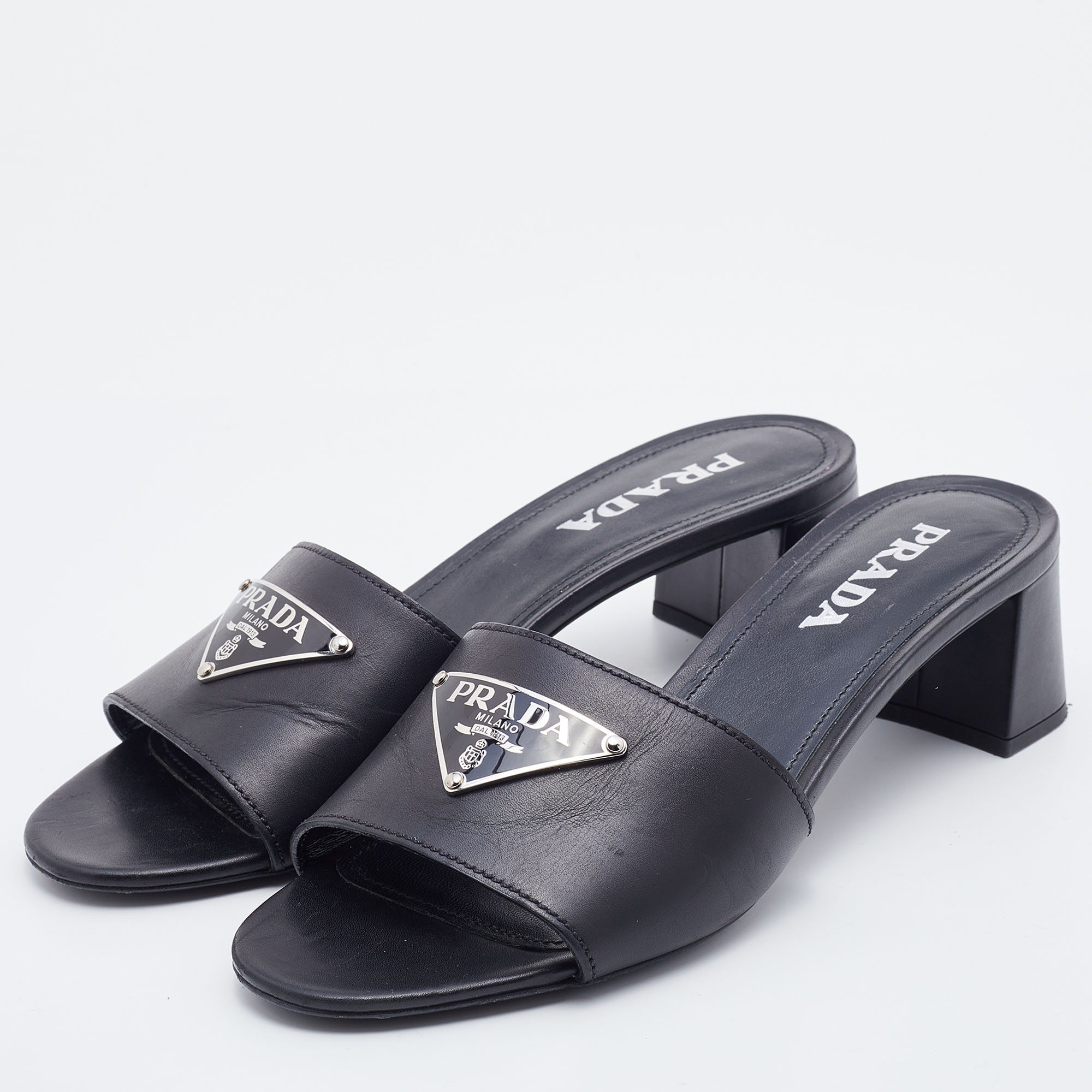 

Prada Black Leather Triangle Logo Open Toe Slide Sandals Size
