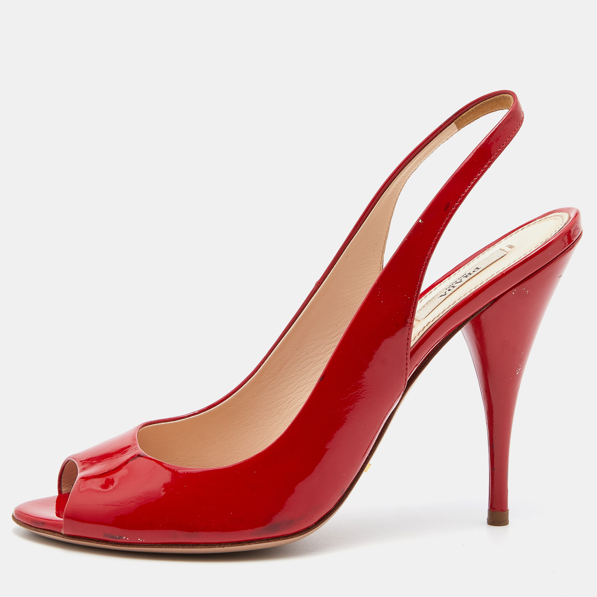 

Prada Red Patent Leather Open Toe Slingback Pumps Size