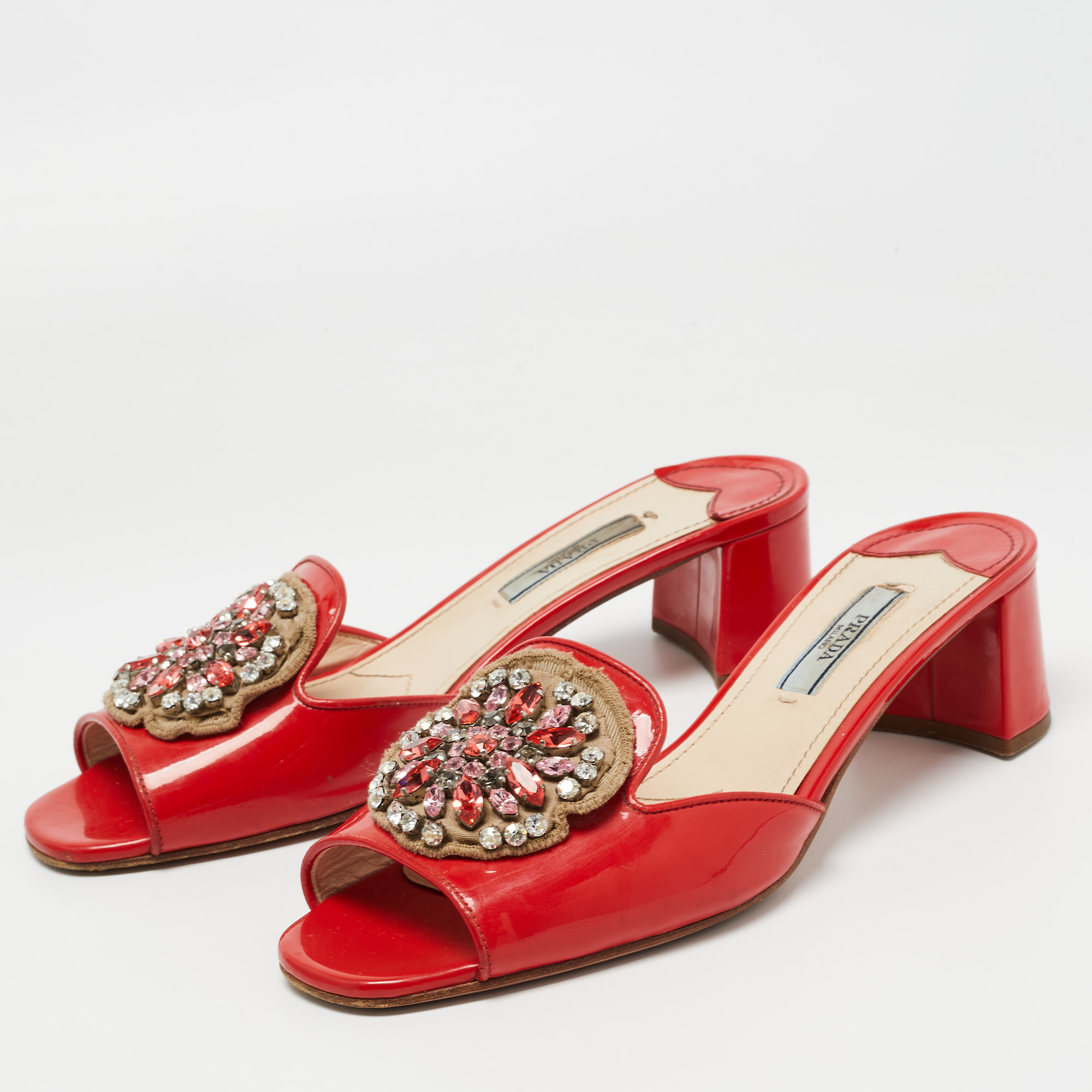 

Prada Red Patent Leather Crystal Embellished Slide Sandals Size