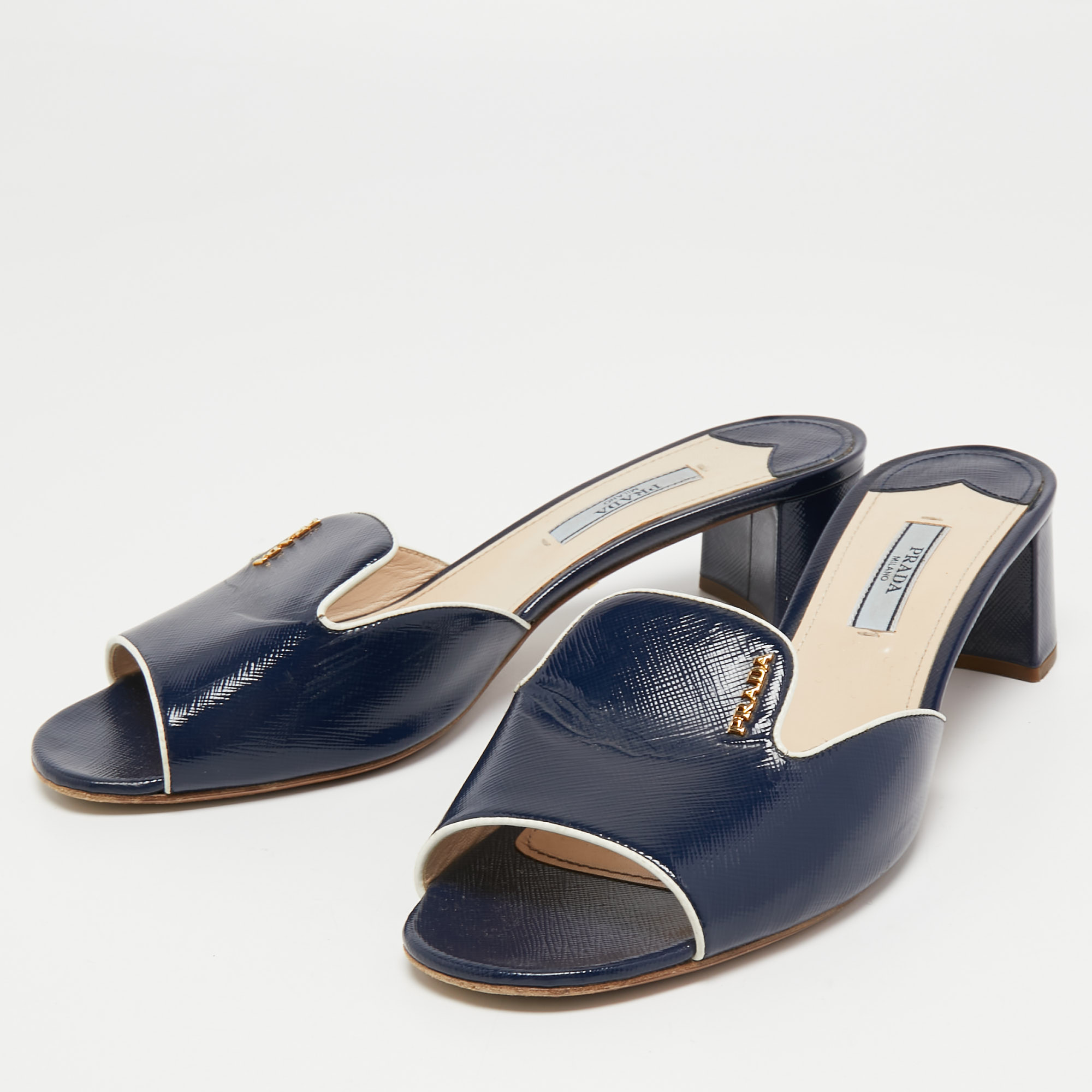 

Prada Navy Blue Vernice Saffiano Leather Slide Sandals Size