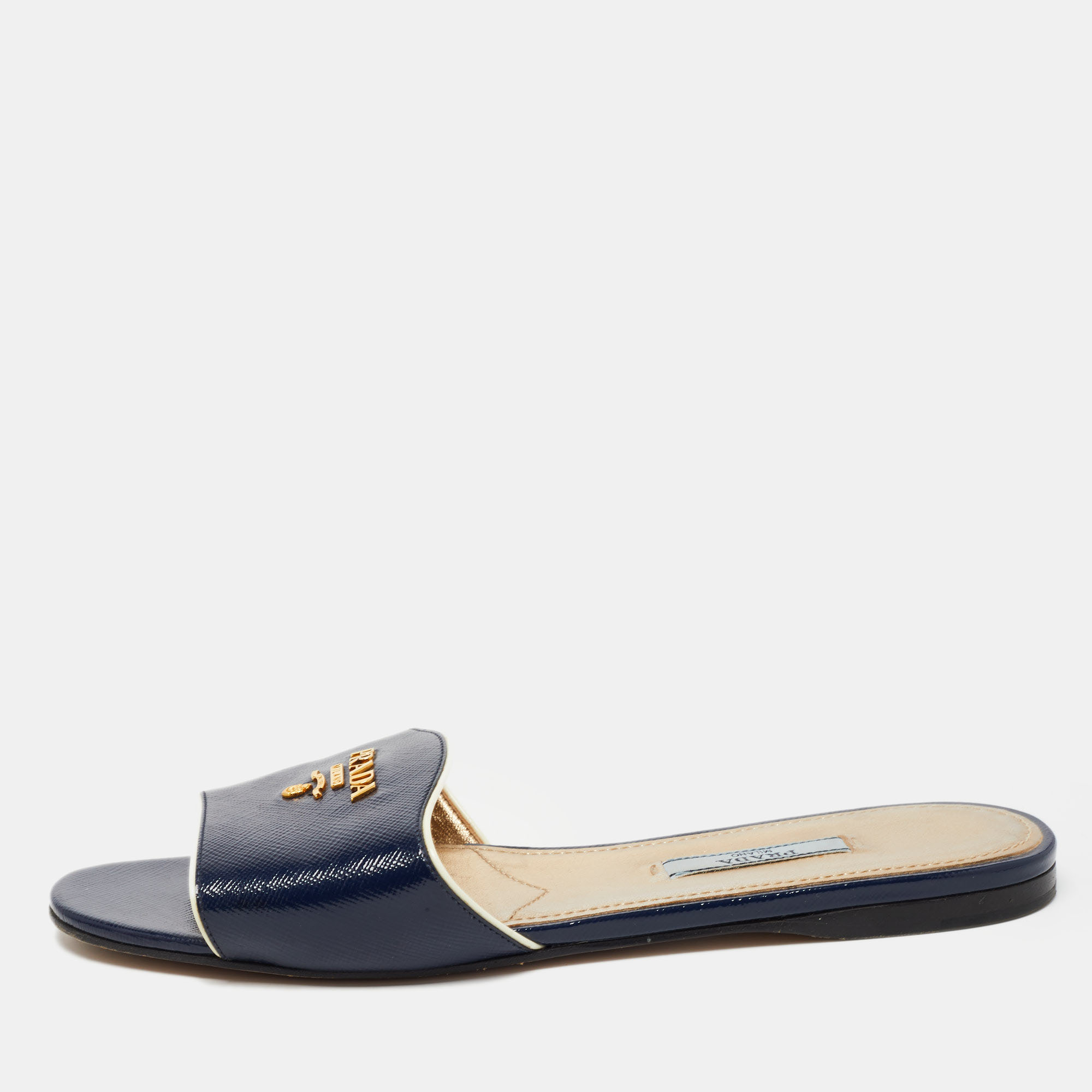 Pre-owned Prada Navy Blue Vernice Saffiano Leather Flat Slides Size 37