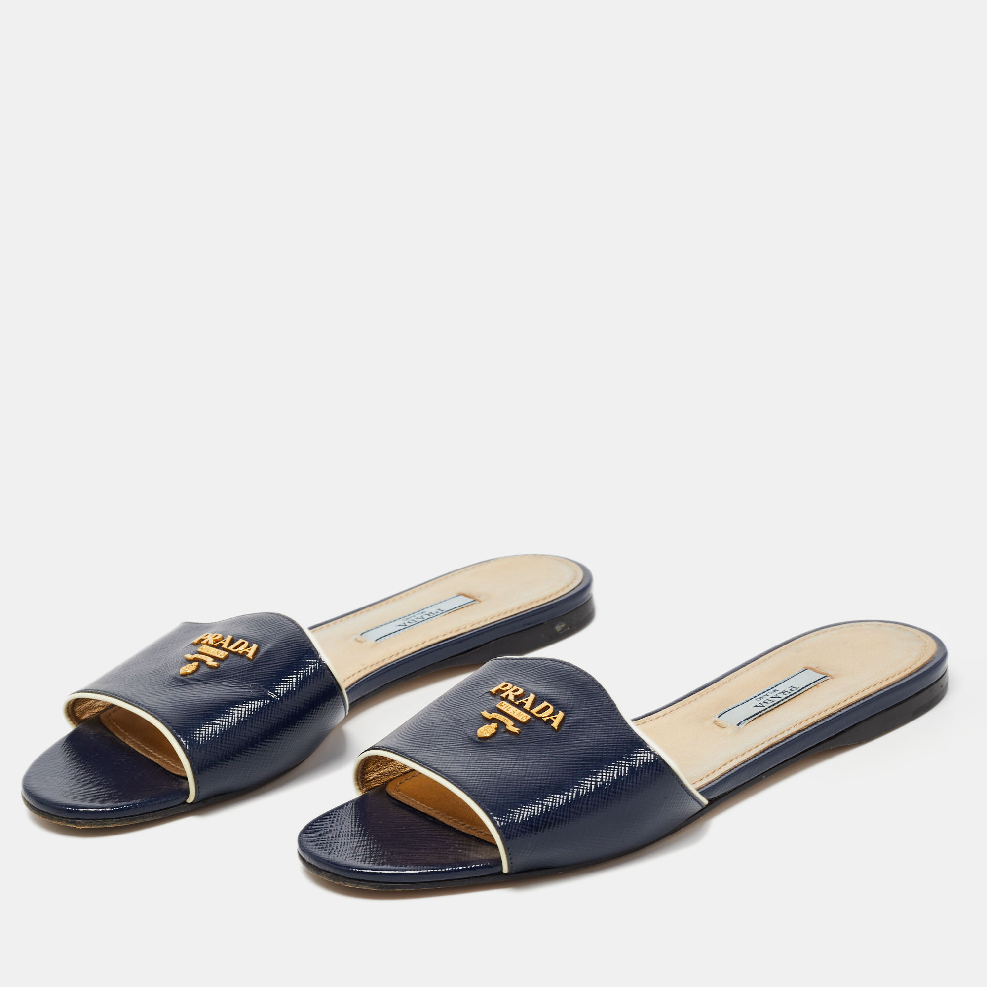 

Prada Navy Blue Vernice Saffiano Leather Flat Slides Size