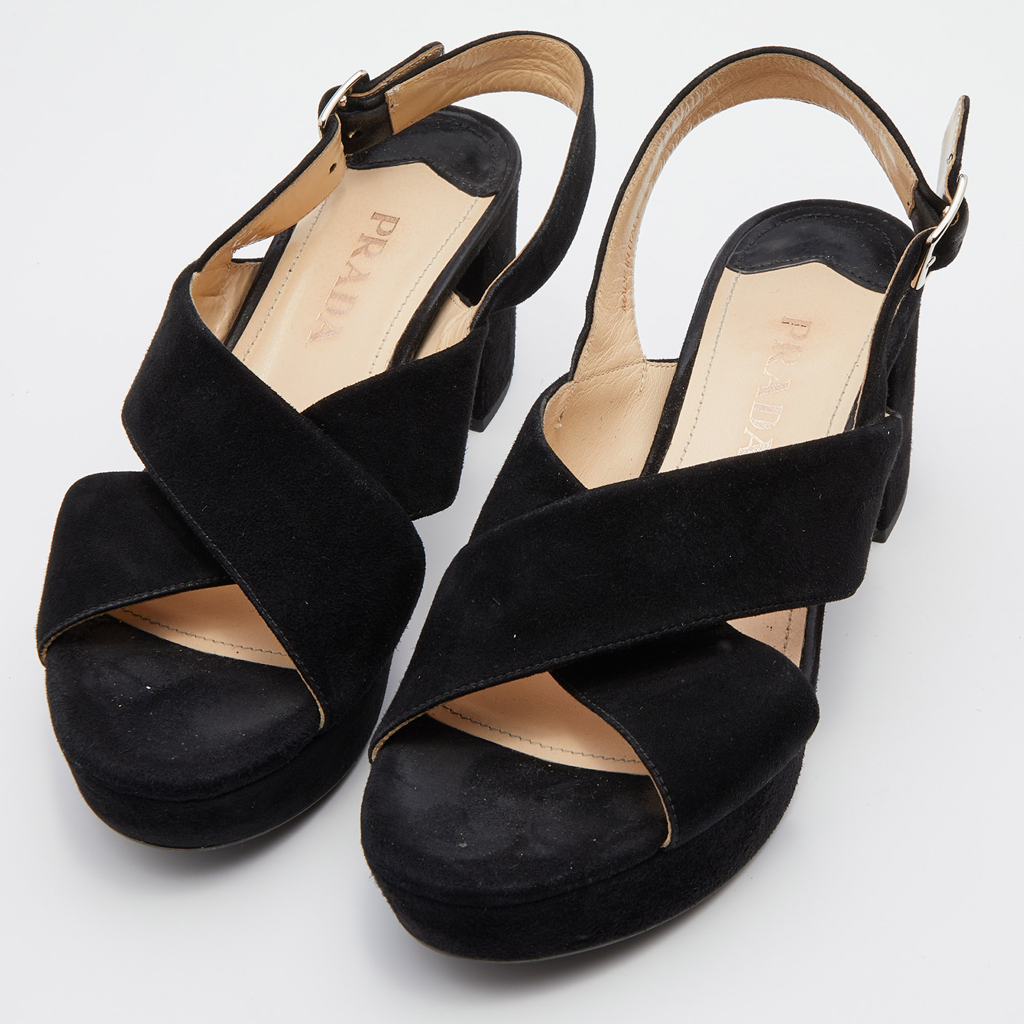 

Prada Black Suede Criss Cross Platform Block Heel Slingback Sandals Size