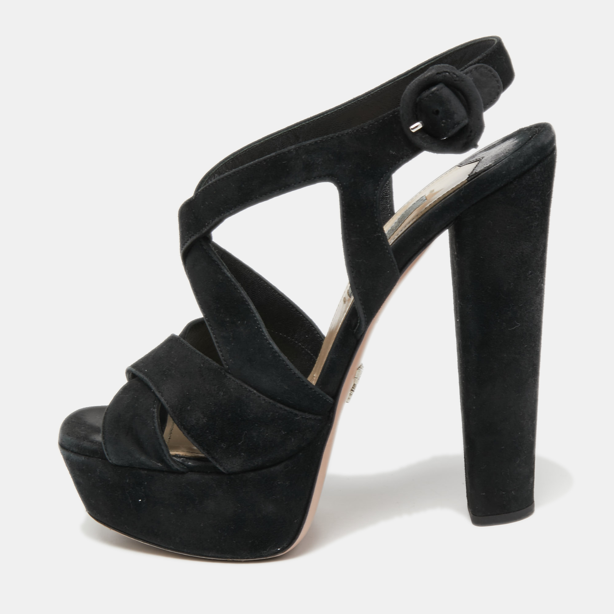 Pre-owned Prada Black Suede Crisscross Platform Ankle Strap Sandals Size 37
