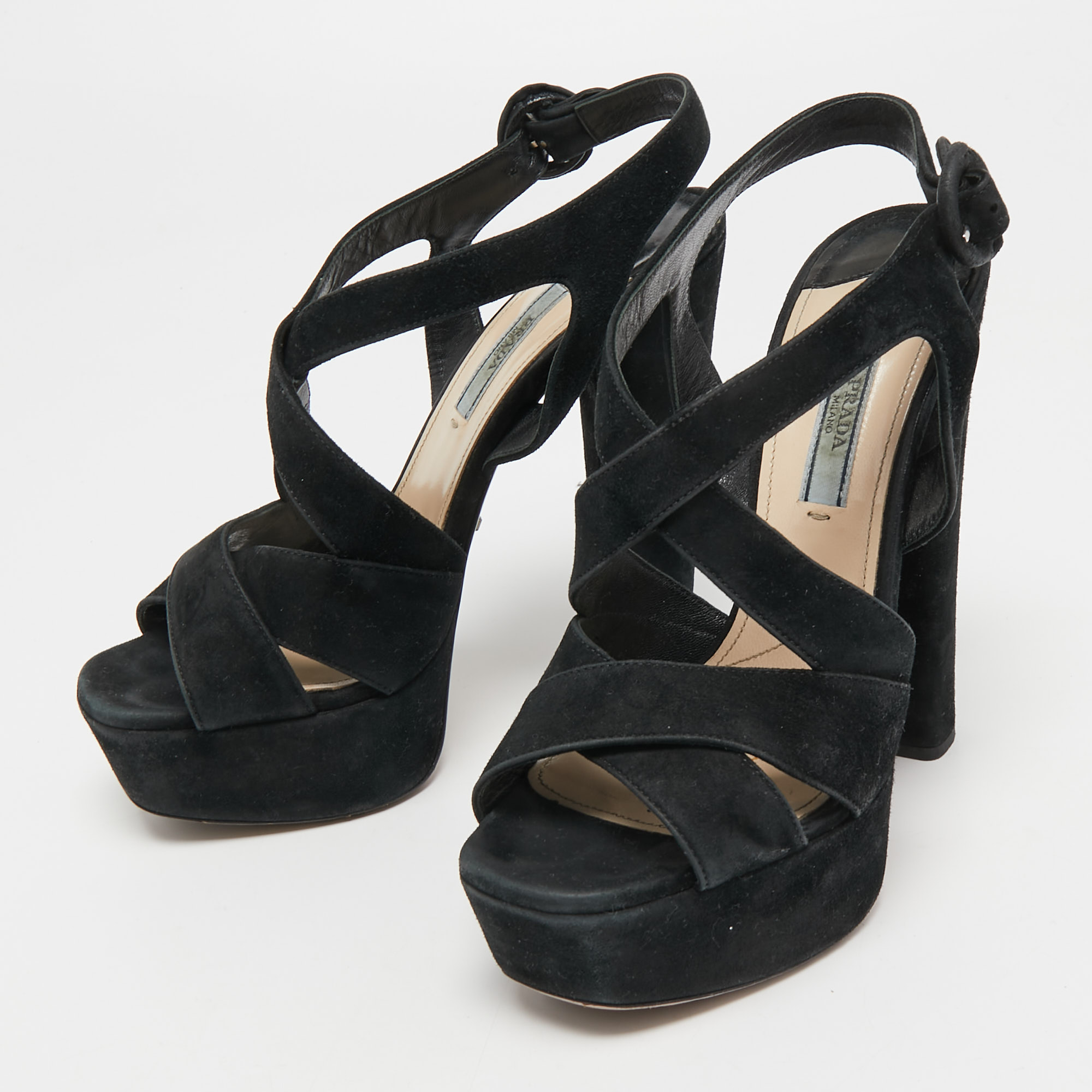 

Prada Black Suede Crisscross Platform Ankle Strap Sandals Size