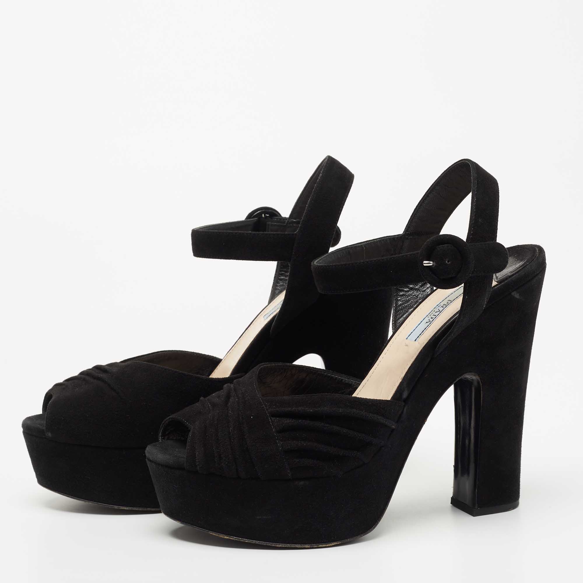

Prada Black Suede Peep Toe Platform Ankle Strap Sandals Size