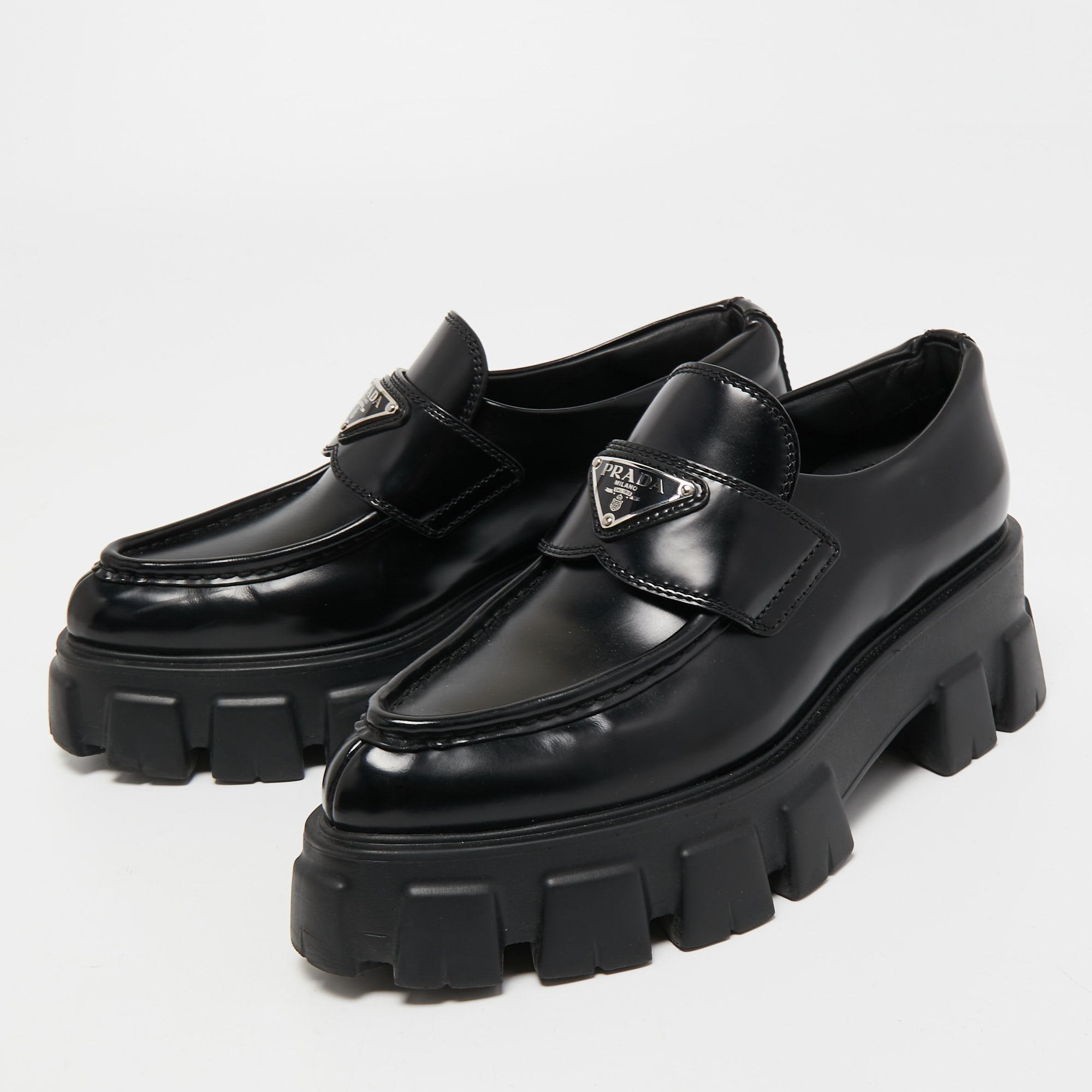 

Prada Black Leather Monolith Logo Platform Loafers Size