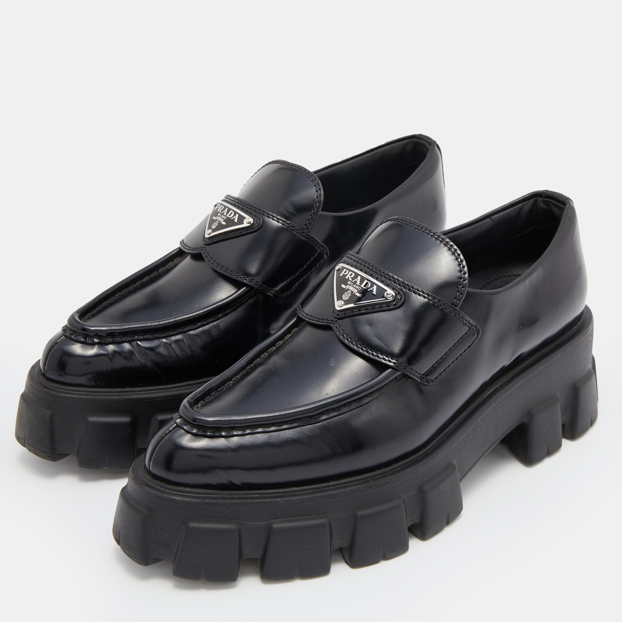 

Prada Black Leather Monolith Platform Loafers Size