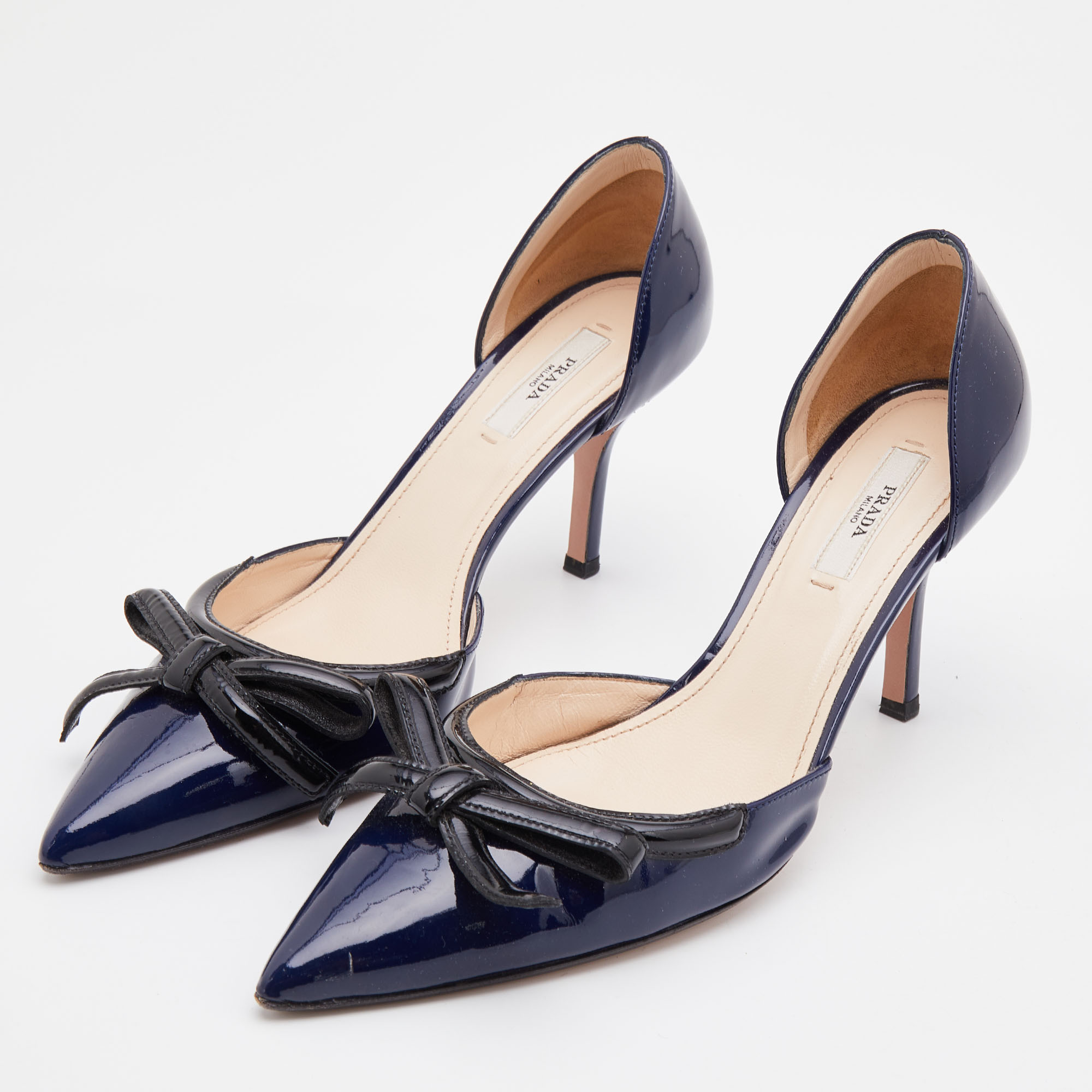 

Prada Navy Blue/Black Patent Leather Bow Pointed Toe D'orsay Pumps Size