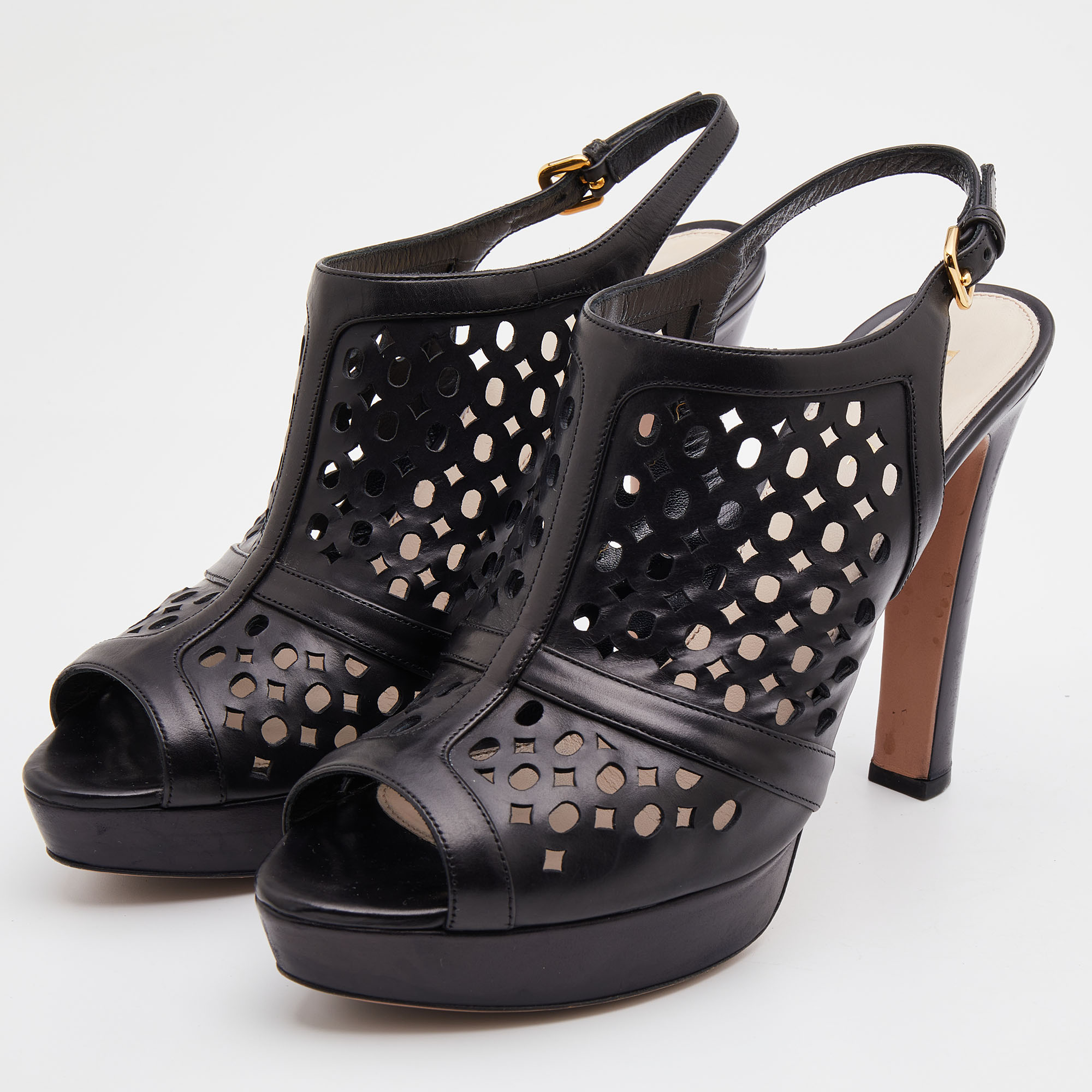 

Prada Black Leather Laser Cut Slingback Platform Sandals Size